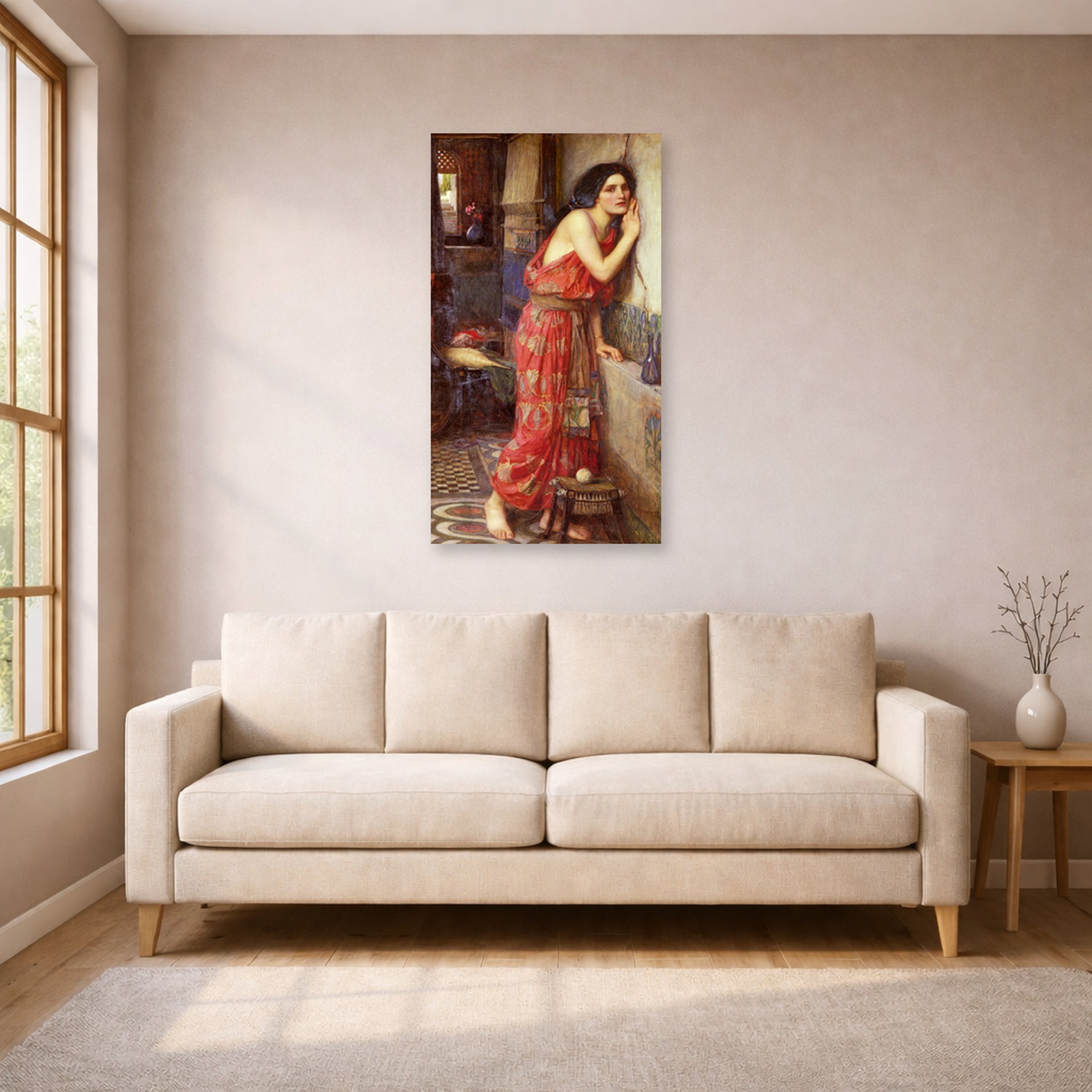 Unframed poster print of John William Waterhouse's Thisbe displayed on a wall in a living room