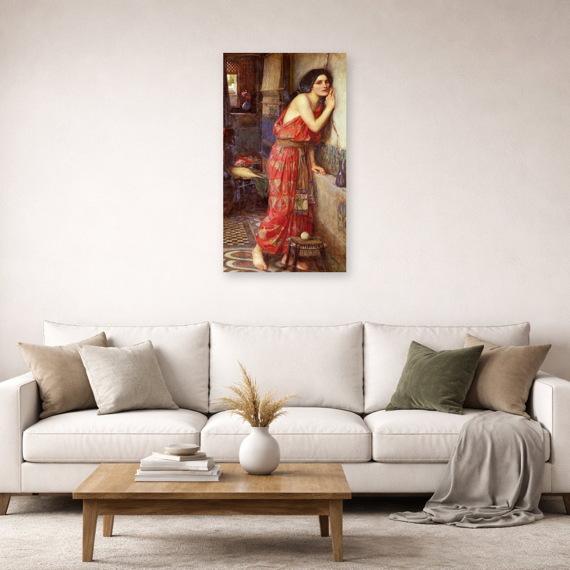 Unframed poster print of John William Waterhouse's Thisbe displayed on a wall in a living room