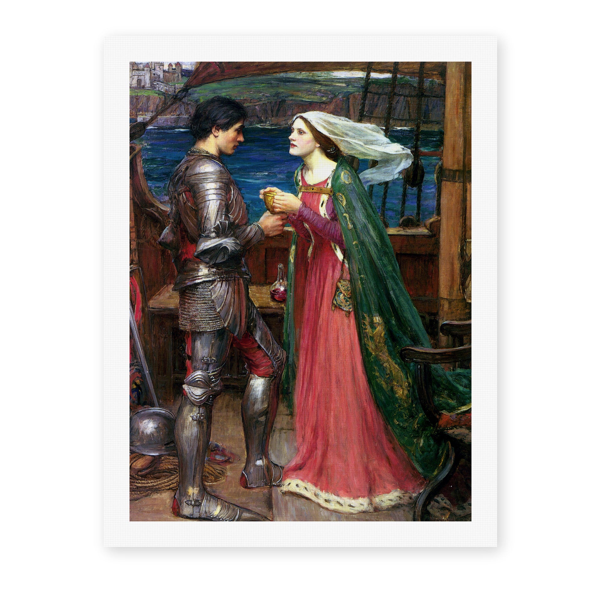 John William Waterhouse's 'Tristan and Isolde with the Potion' painting reproduced as a rolled canvas print