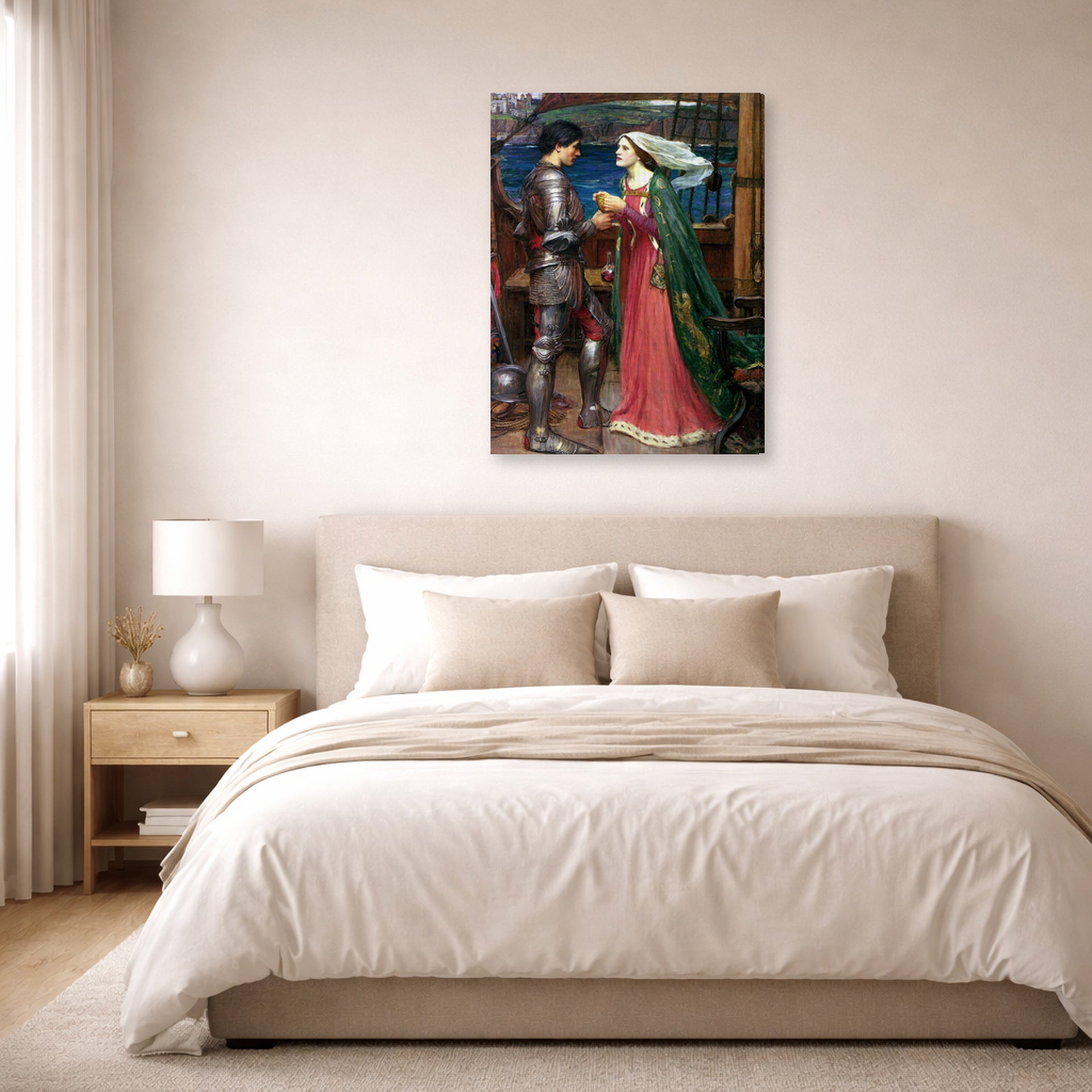 Gallery-wrapped canvas print of John William Waterhouse's Tristan and Isolde with the Potion displayed on a wall in a bedroom