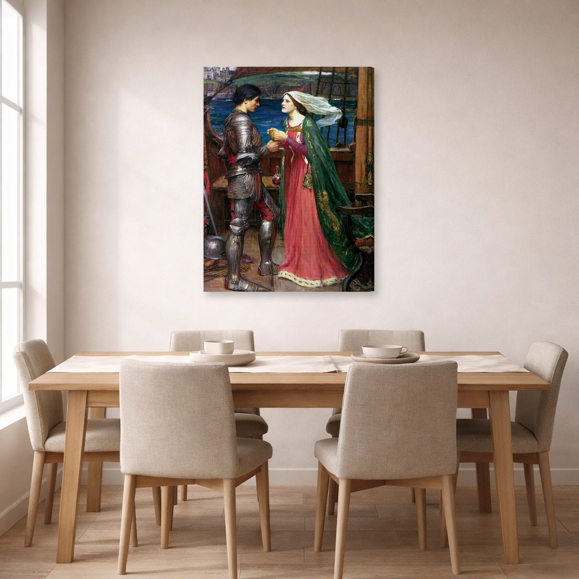 Gallery-wrapped canvas print of John William Waterhouse's Tristan and Isolde with the Potion displayed on a wall in a dining room