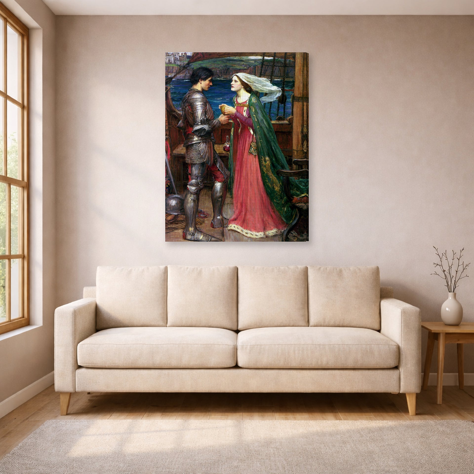 Gallery-wrapped canvas print of John William Waterhouse's Tristan and Isolde with the Potion displayed on a wall in a living room