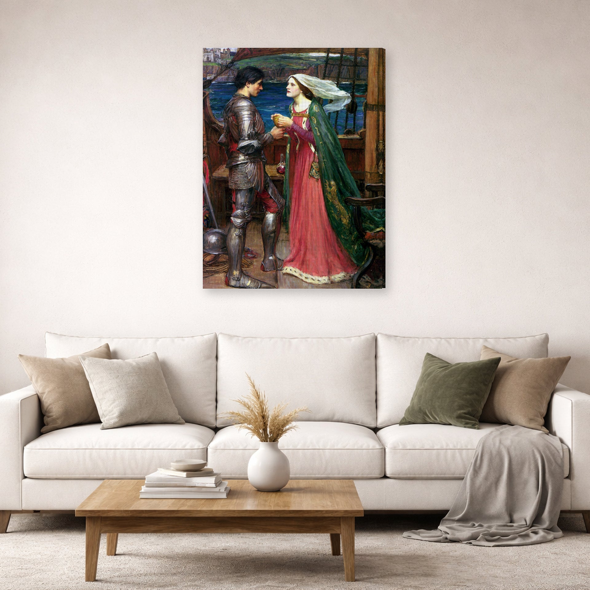 Gallery-wrapped canvas print of John William Waterhouse's Tristan and Isolde with the Potion displayed on a wall in a living room
