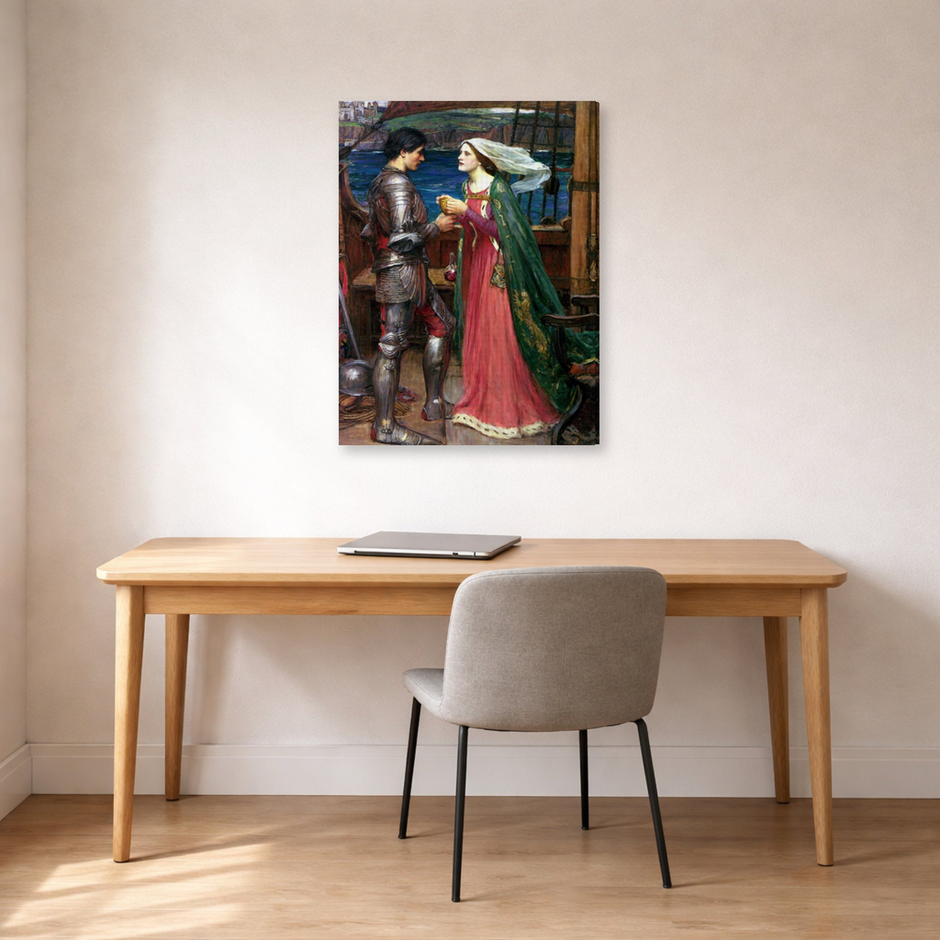 Gallery-wrapped canvas print of John William Waterhouse's Tristan and Isolde with the Potion displayed on a wall in a office