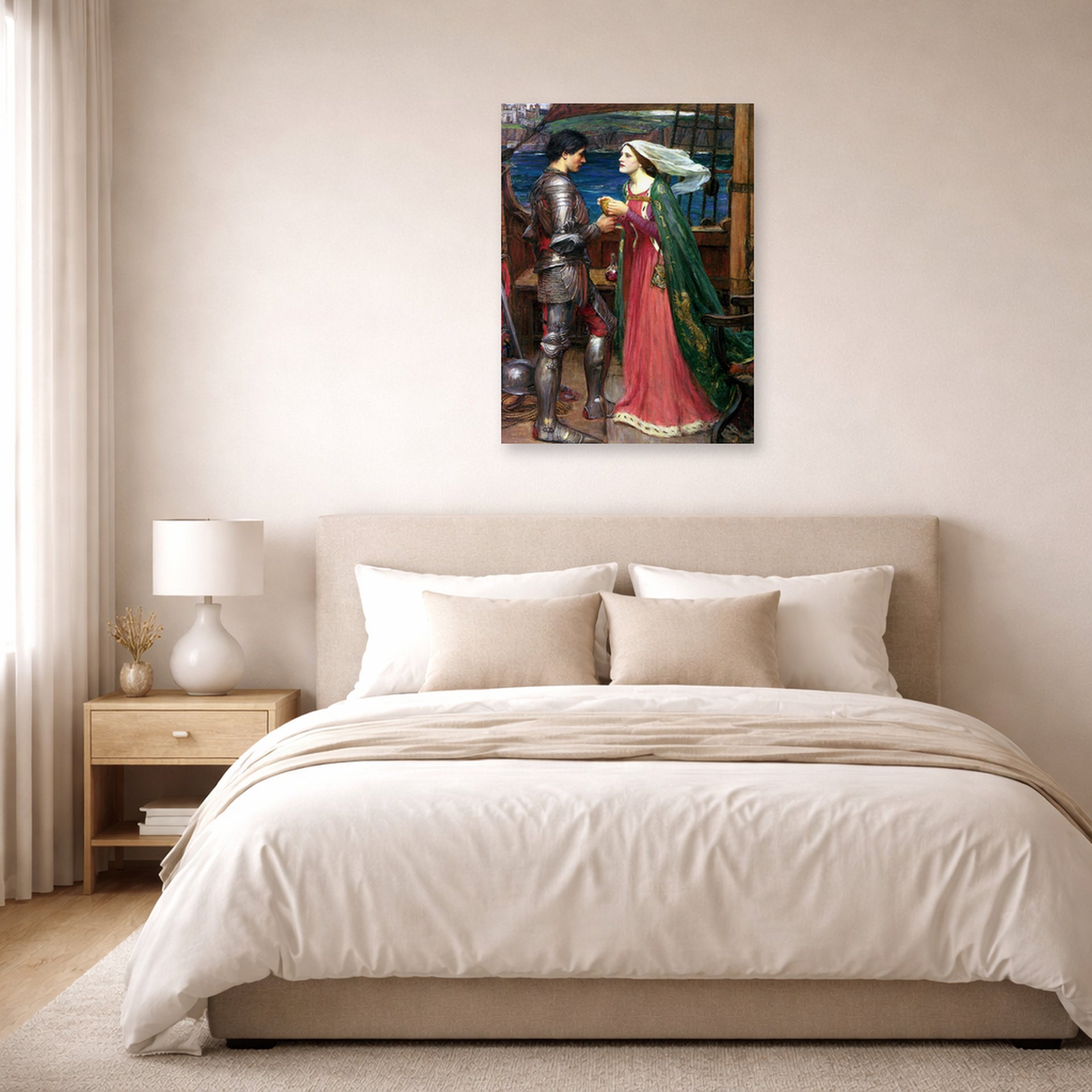 Unframed poster print of John William Waterhouse's Tristan and Isolde with the Potion displayed on a wall in a bedroom