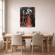 Unframed poster print of John William Waterhouse's Tristan and Isolde with the Potion displayed on a wall in a dining room