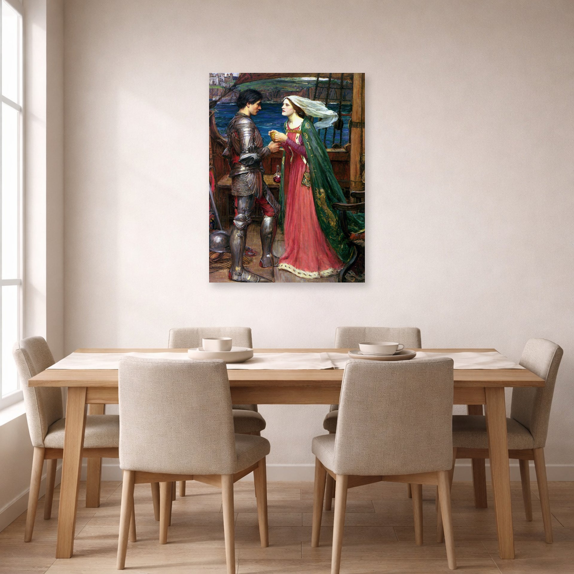 Unframed poster print of John William Waterhouse's Tristan and Isolde with the Potion displayed on a wall in a dining room