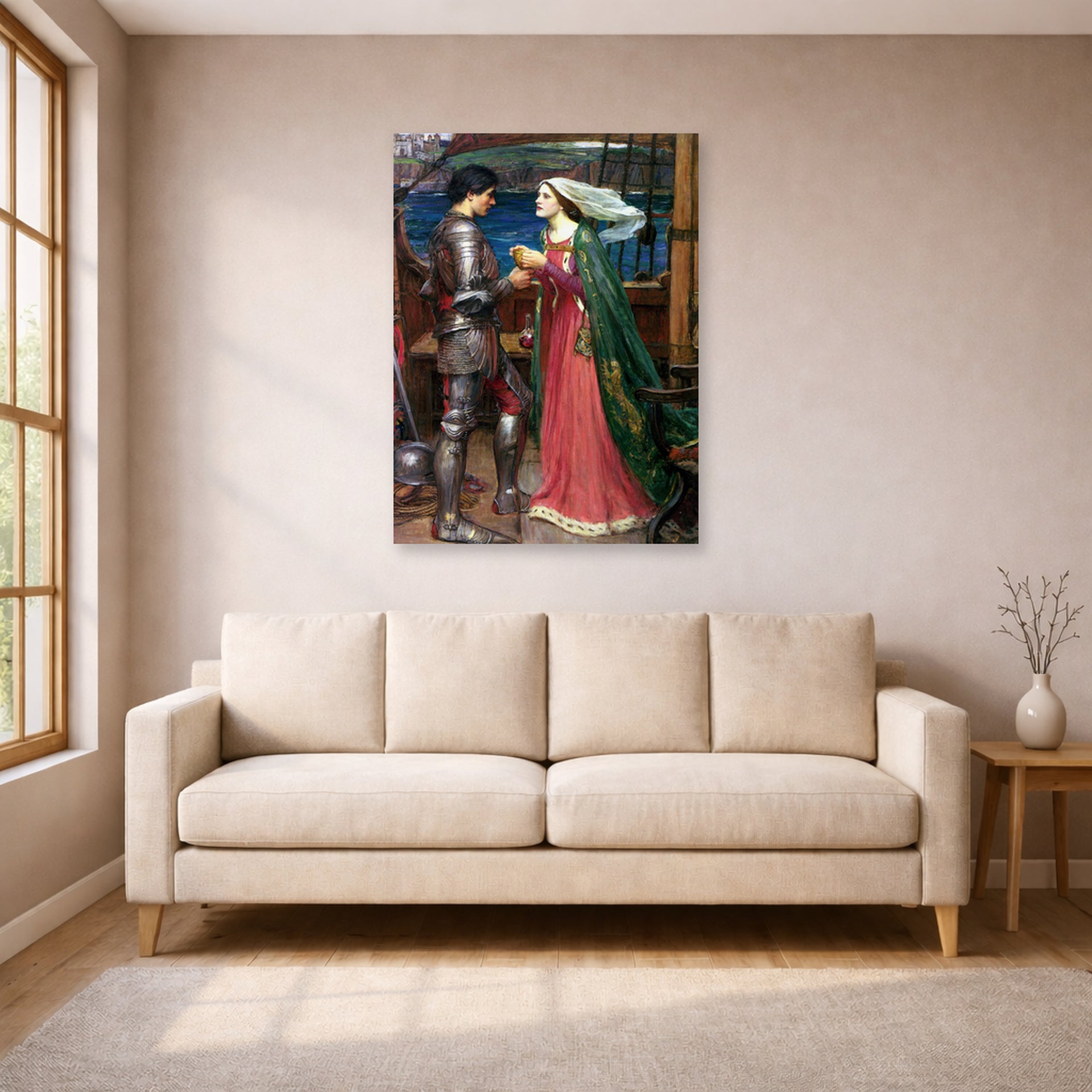 Unframed poster print of John William Waterhouse's Tristan and Isolde with the Potion displayed on a wall in a living room
