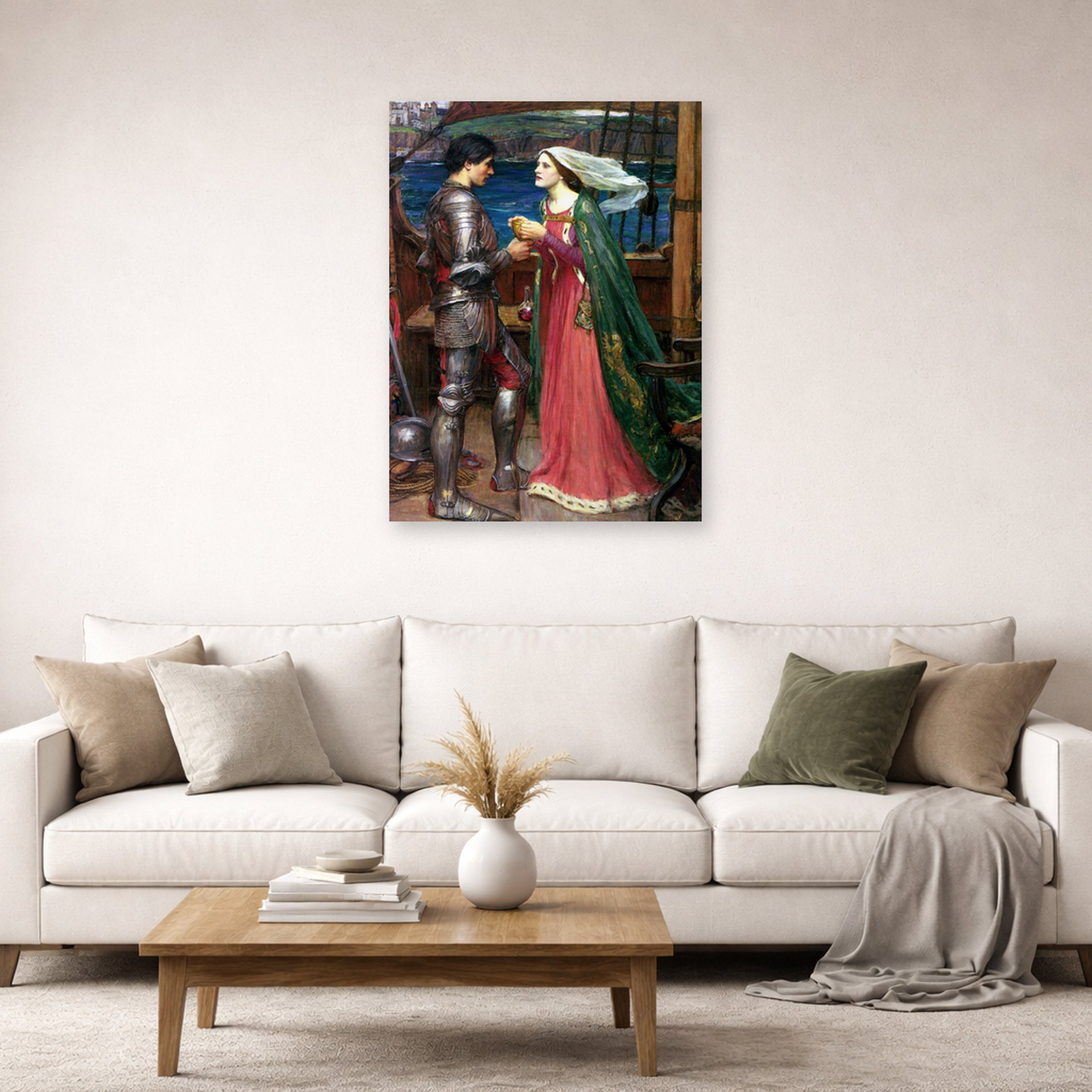 Unframed poster print of John William Waterhouse's Tristan and Isolde with the Potion displayed on a wall in a living room