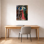 Unframed poster print of John William Waterhouse's Tristan and Isolde with the Potion displayed on a wall in a office