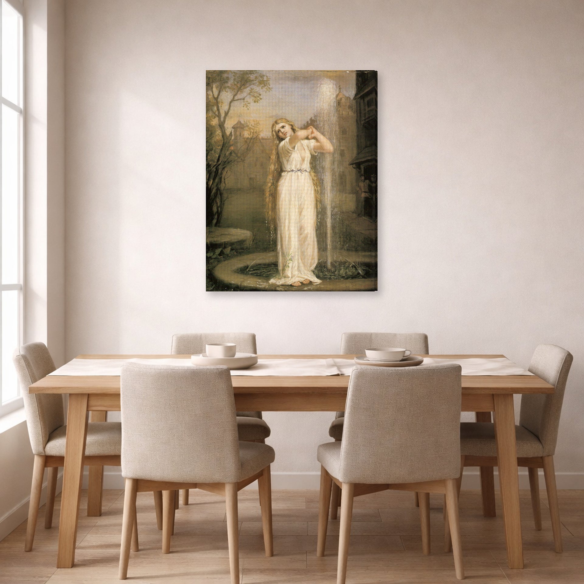 Gallery-wrapped canvas print of John William Waterhouse's Undine displayed on a wall in a dining room