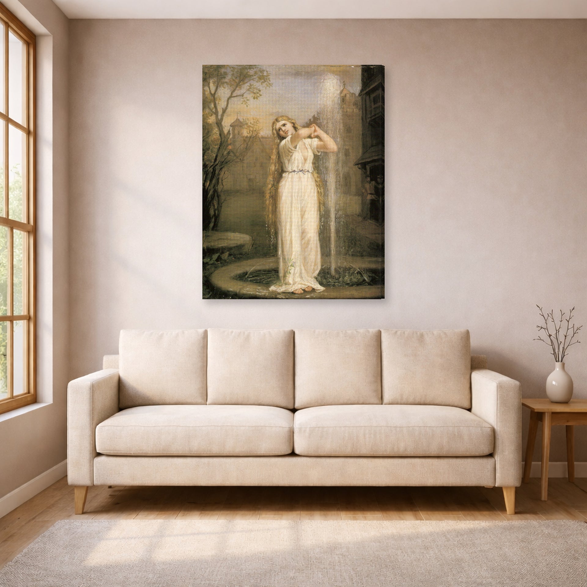Gallery-wrapped canvas print of John William Waterhouse's Undine displayed on a wall in a living room
