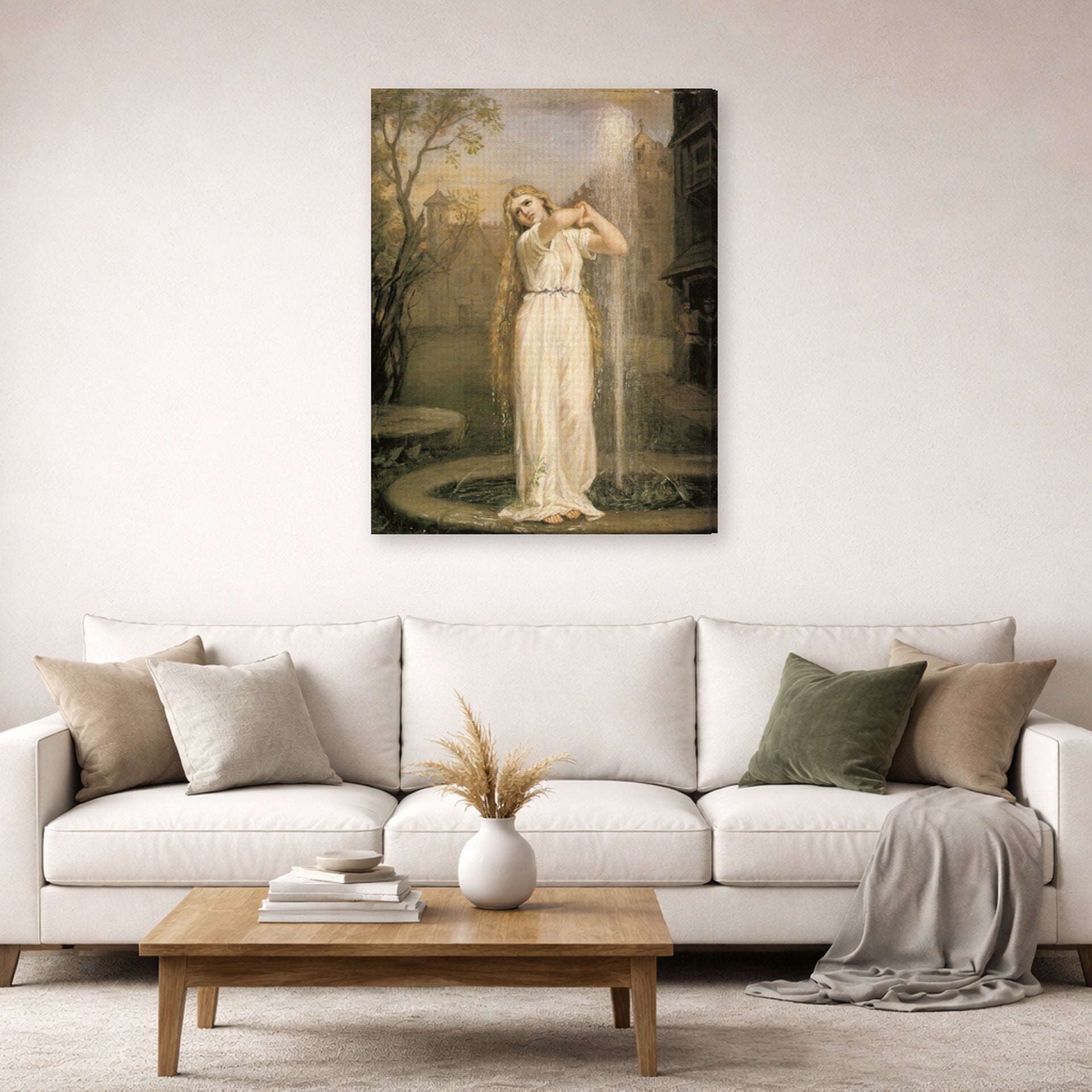 Gallery-wrapped canvas print of John William Waterhouse's Undine displayed on a wall in a living room
