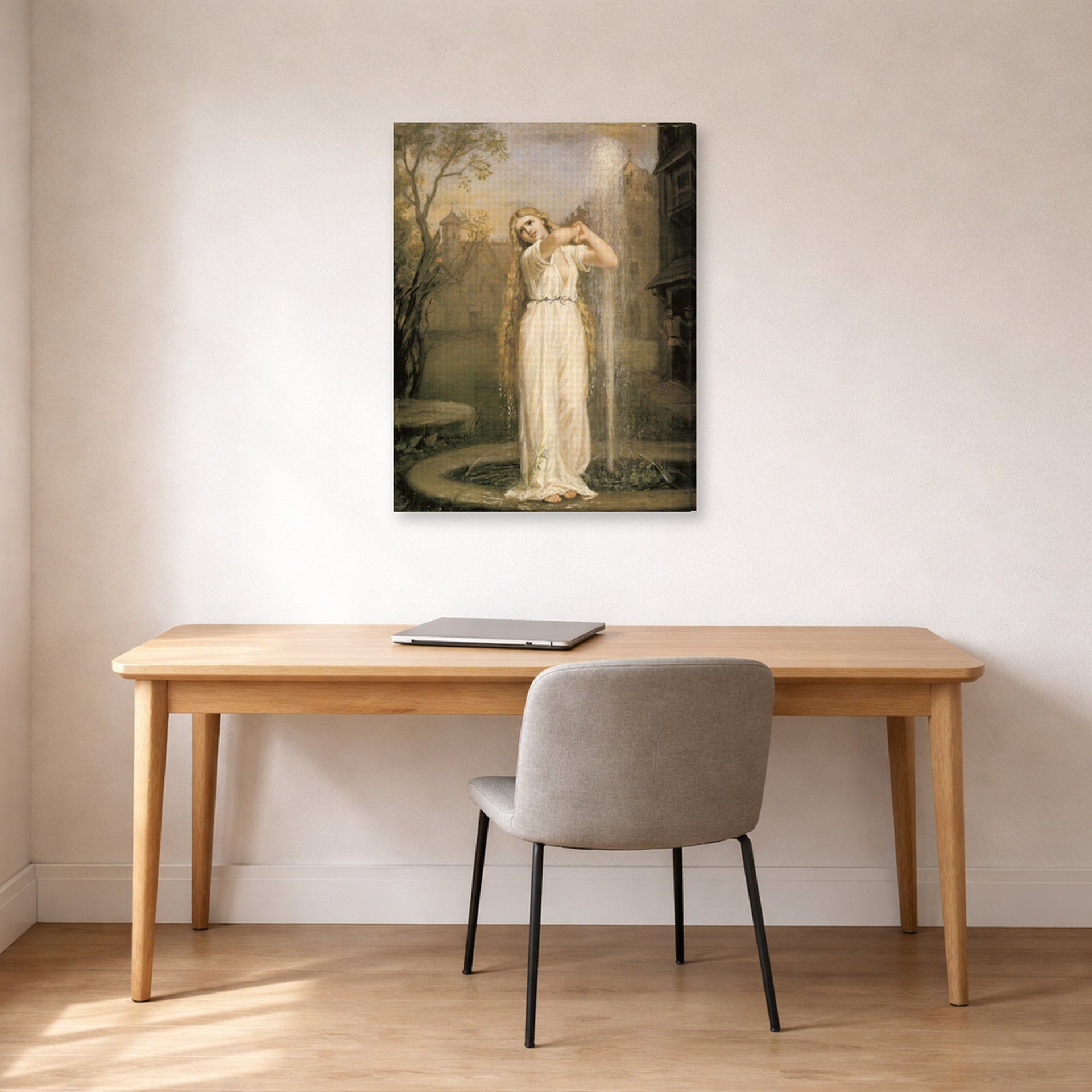 Gallery-wrapped canvas print of John William Waterhouse's Undine displayed on a wall in a office