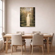 Unframed poster print of John William Waterhouse's Undine displayed on a wall in a dining room