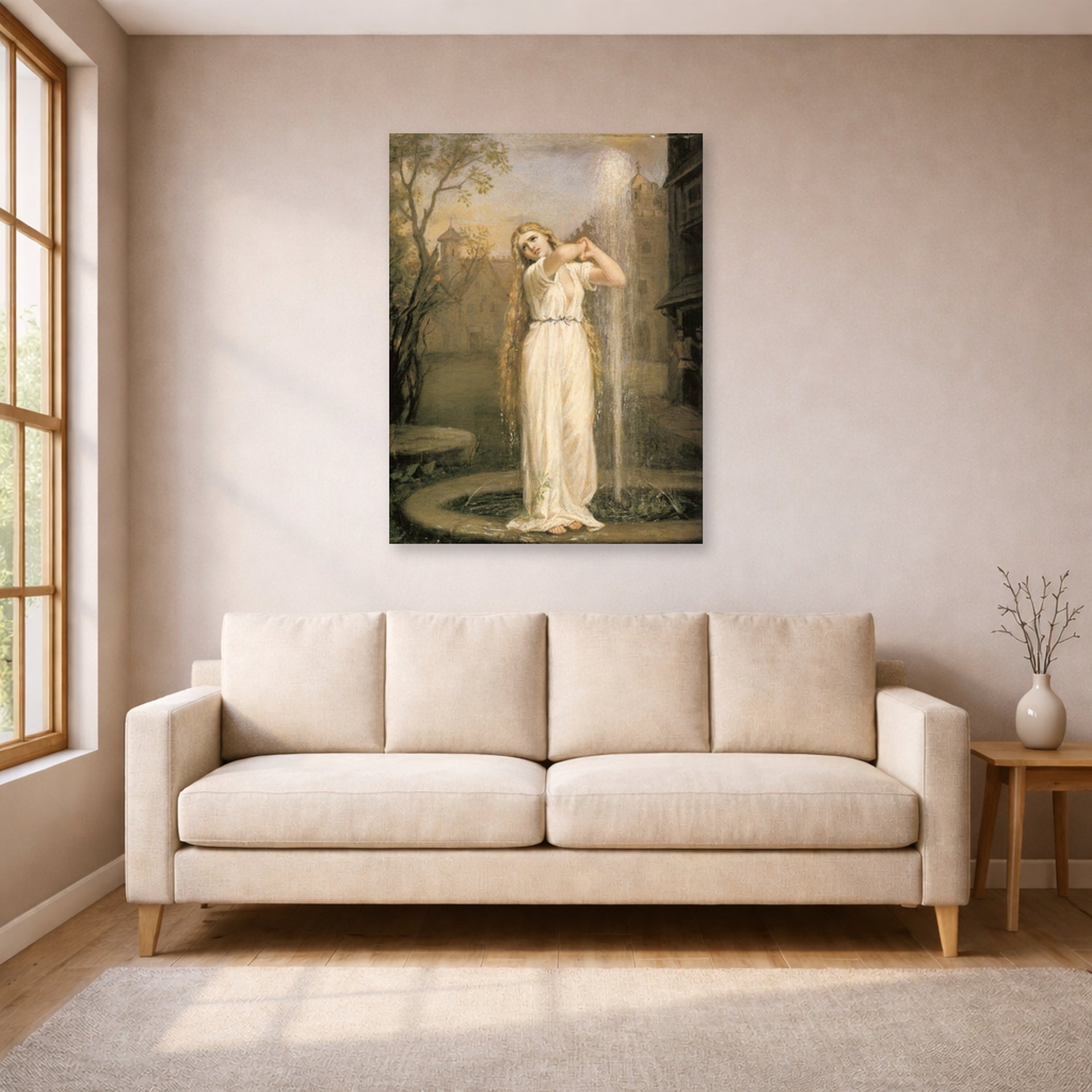 Unframed poster print of John William Waterhouse's Undine displayed on a wall in a living room