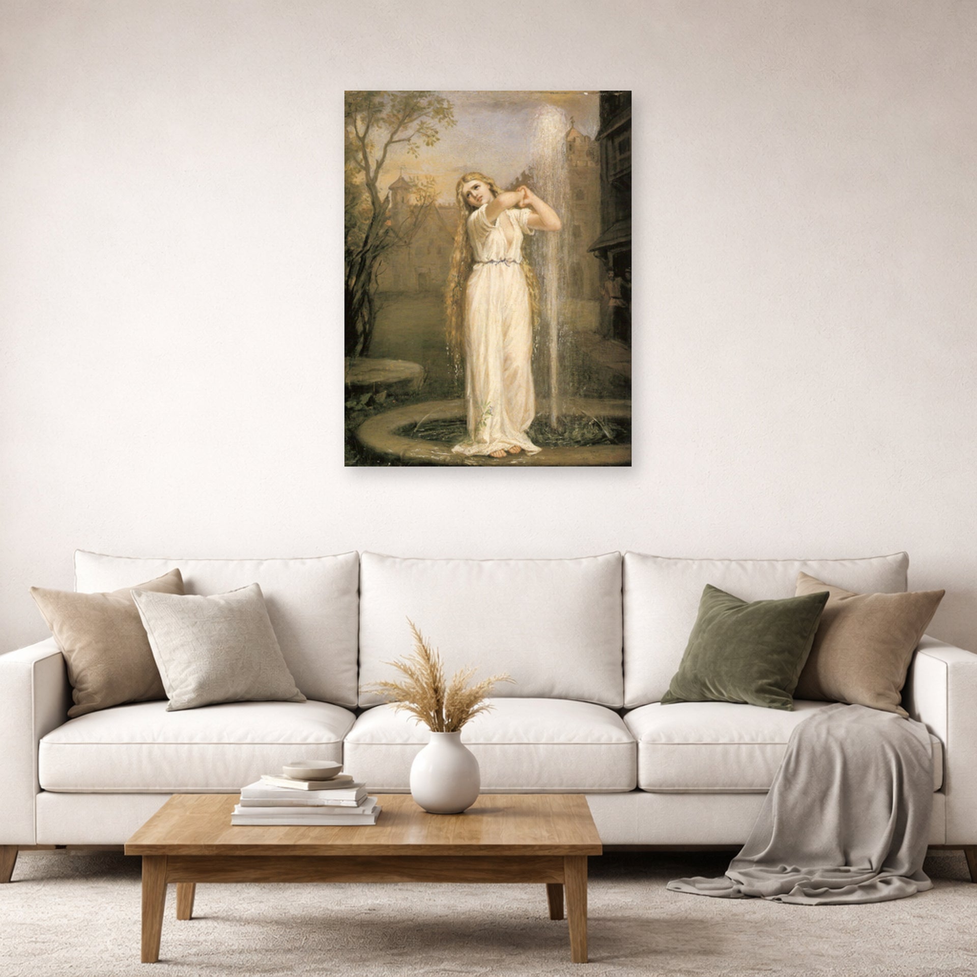 Unframed poster print of John William Waterhouse's Undine displayed on a wall in a living room