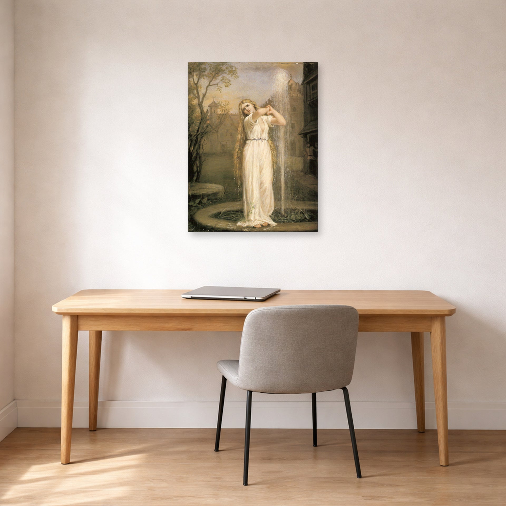 Unframed poster print of John William Waterhouse's Undine displayed on a wall in a office