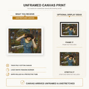 John William Waterhouse - Vain Lamorna a Study for Lamia canvas print size comparison and framing display infographic