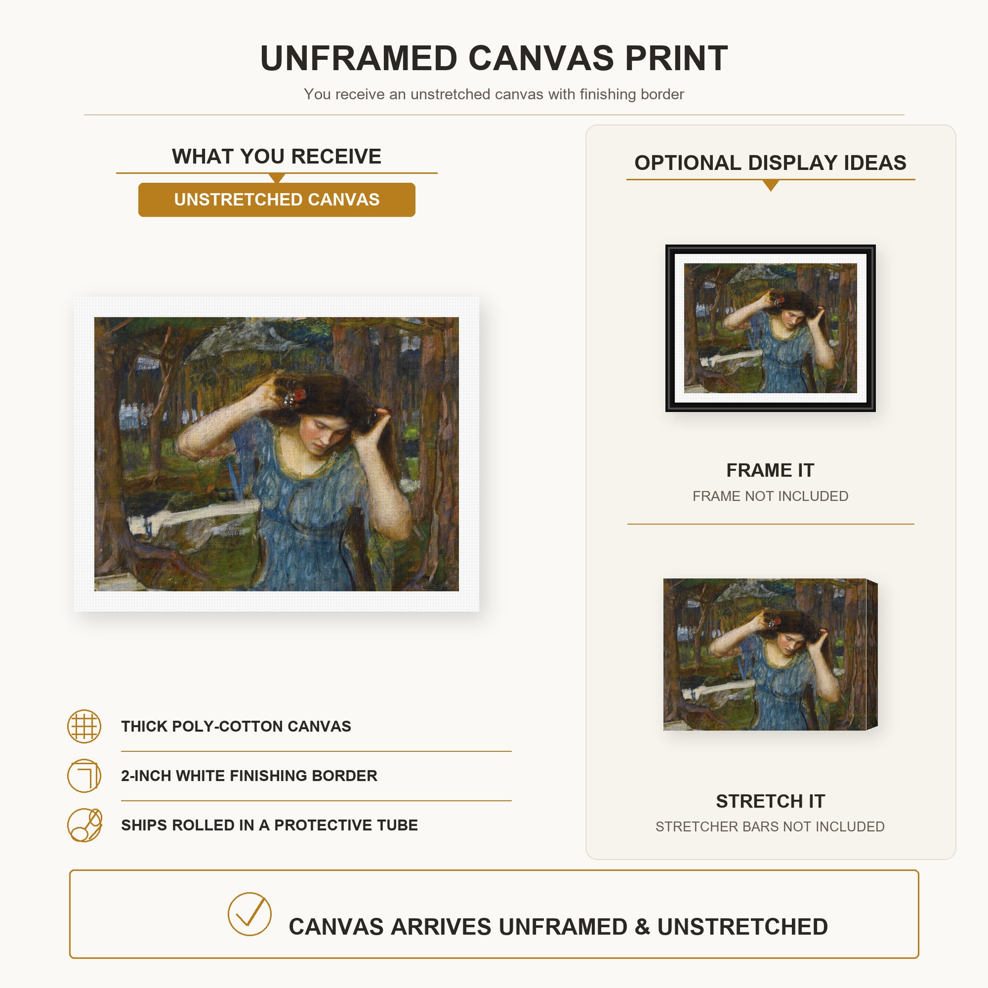 John William Waterhouse - Vain Lamorna a Study for Lamia canvas print size comparison and framing display infographic