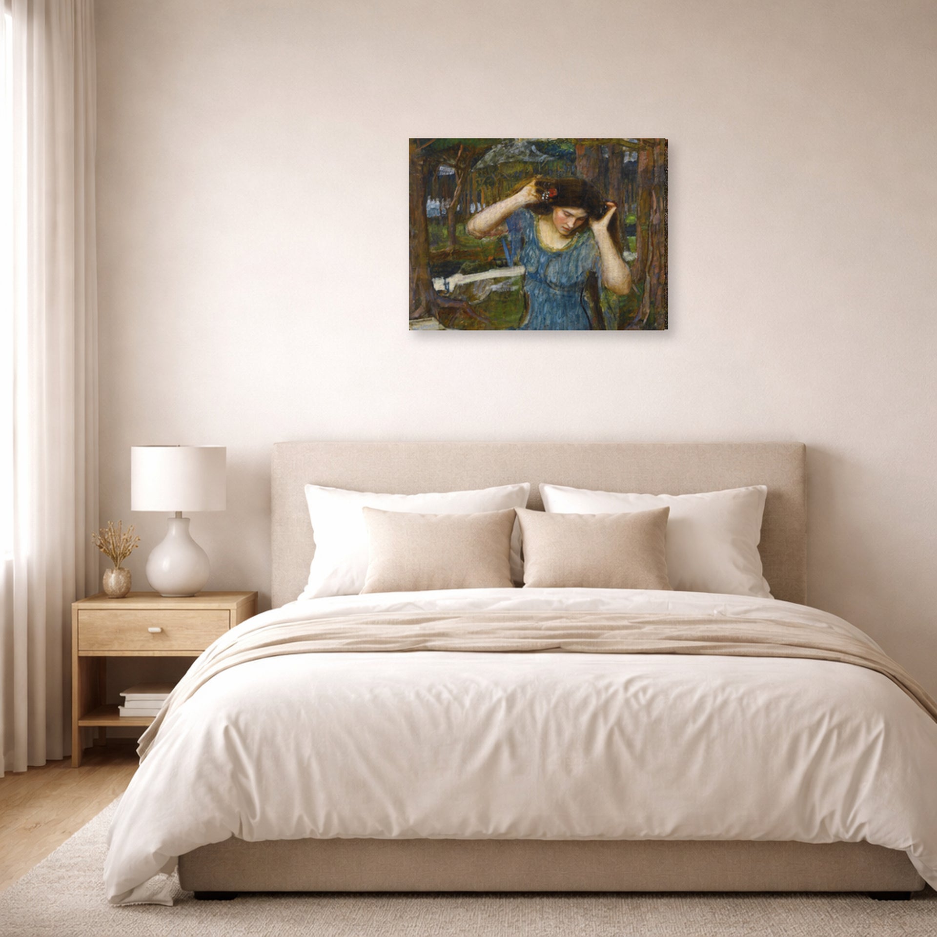 Gallery-wrapped canvas print of John William Waterhouse's Vain Lamorna a Study for Lamia displayed on a wall in a bedroom