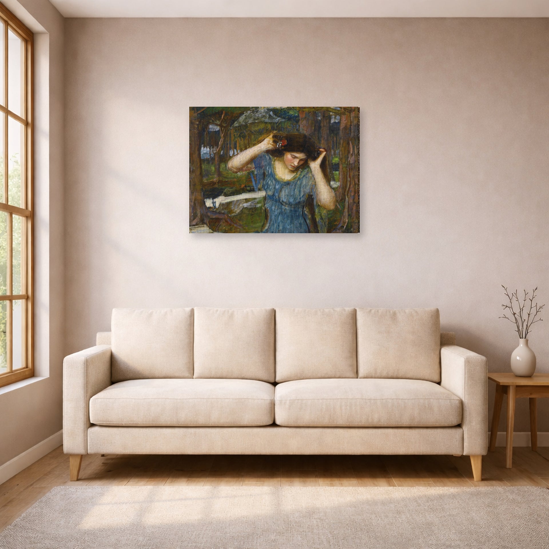 Gallery-wrapped canvas print of John William Waterhouse's Vain Lamorna a Study for Lamia displayed on a wall in a living room