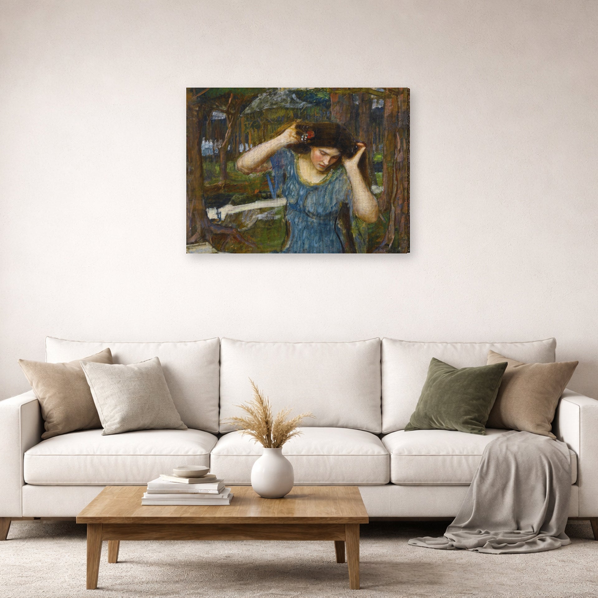 Gallery-wrapped canvas print of John William Waterhouse's Vain Lamorna a Study for Lamia displayed on a wall in a living room