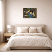 Unframed poster print of John William Waterhouse's Vain Lamorna a Study for Lamia displayed on a wall in a bedroom