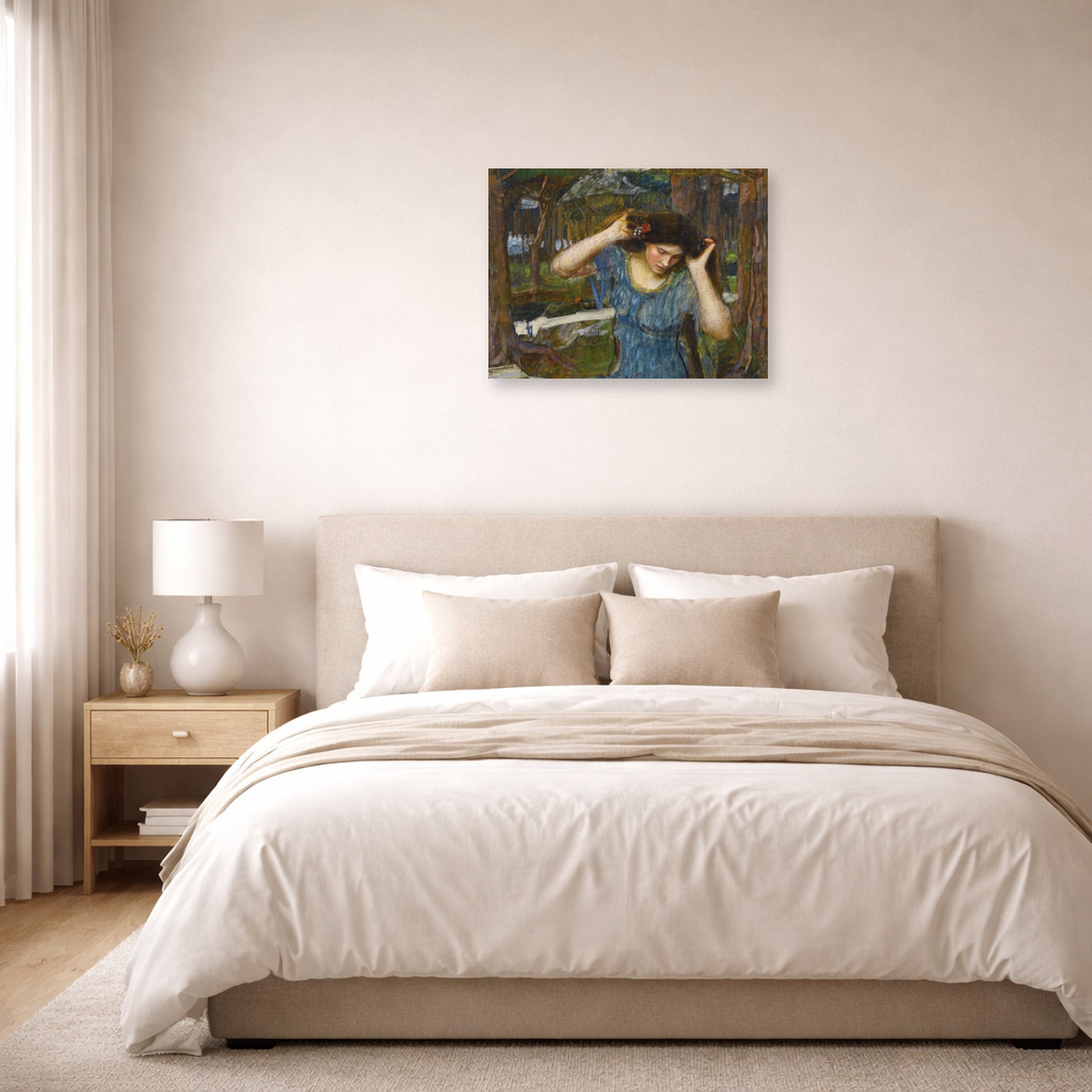 Unframed poster print of John William Waterhouse's Vain Lamorna a Study for Lamia displayed on a wall in a bedroom
