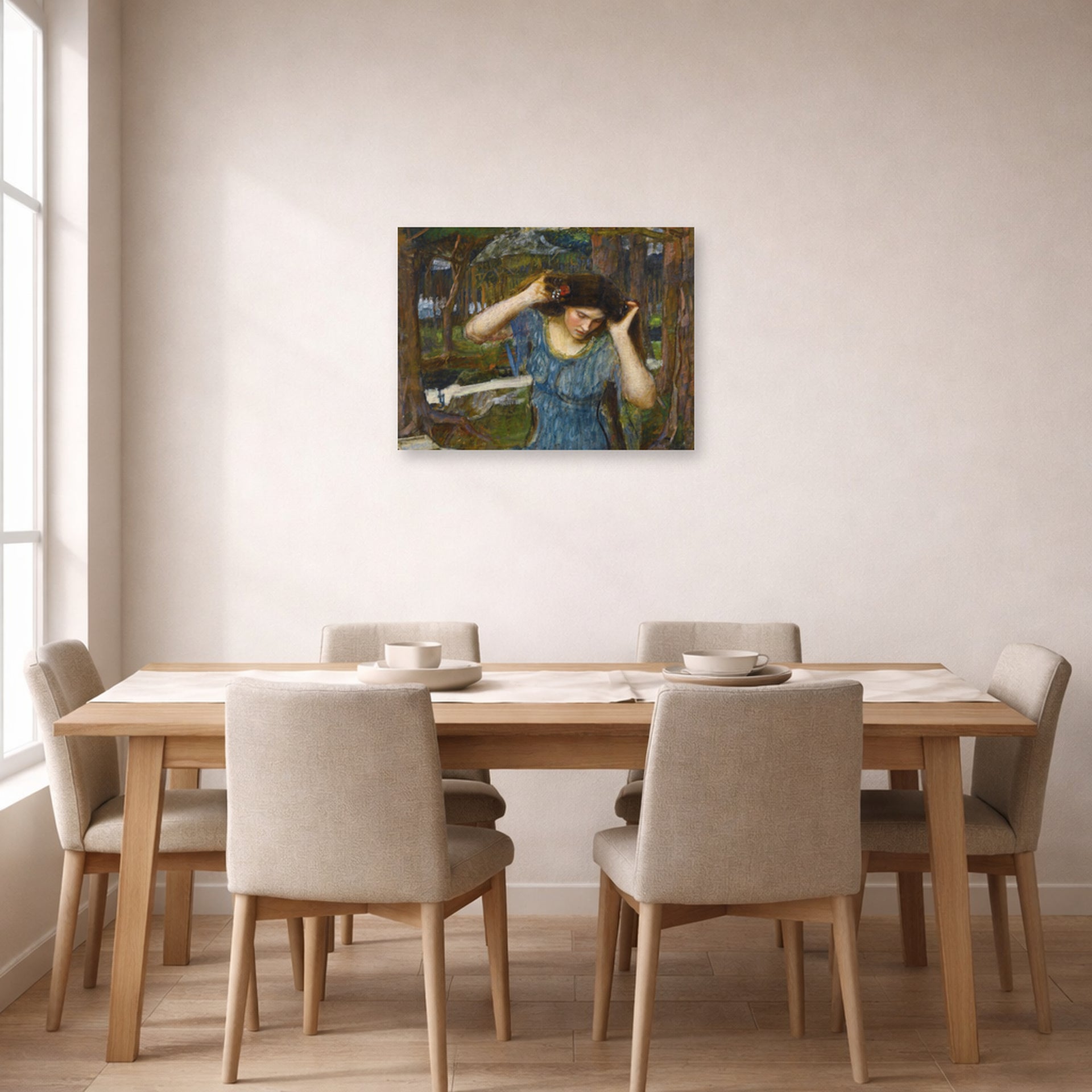 Unframed poster print of John William Waterhouse's Vain Lamorna a Study for Lamia displayed on a wall in a dining room