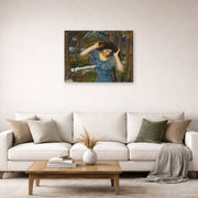 Unframed poster print of John William Waterhouse's Vain Lamorna a Study for Lamia displayed on a wall in a living room