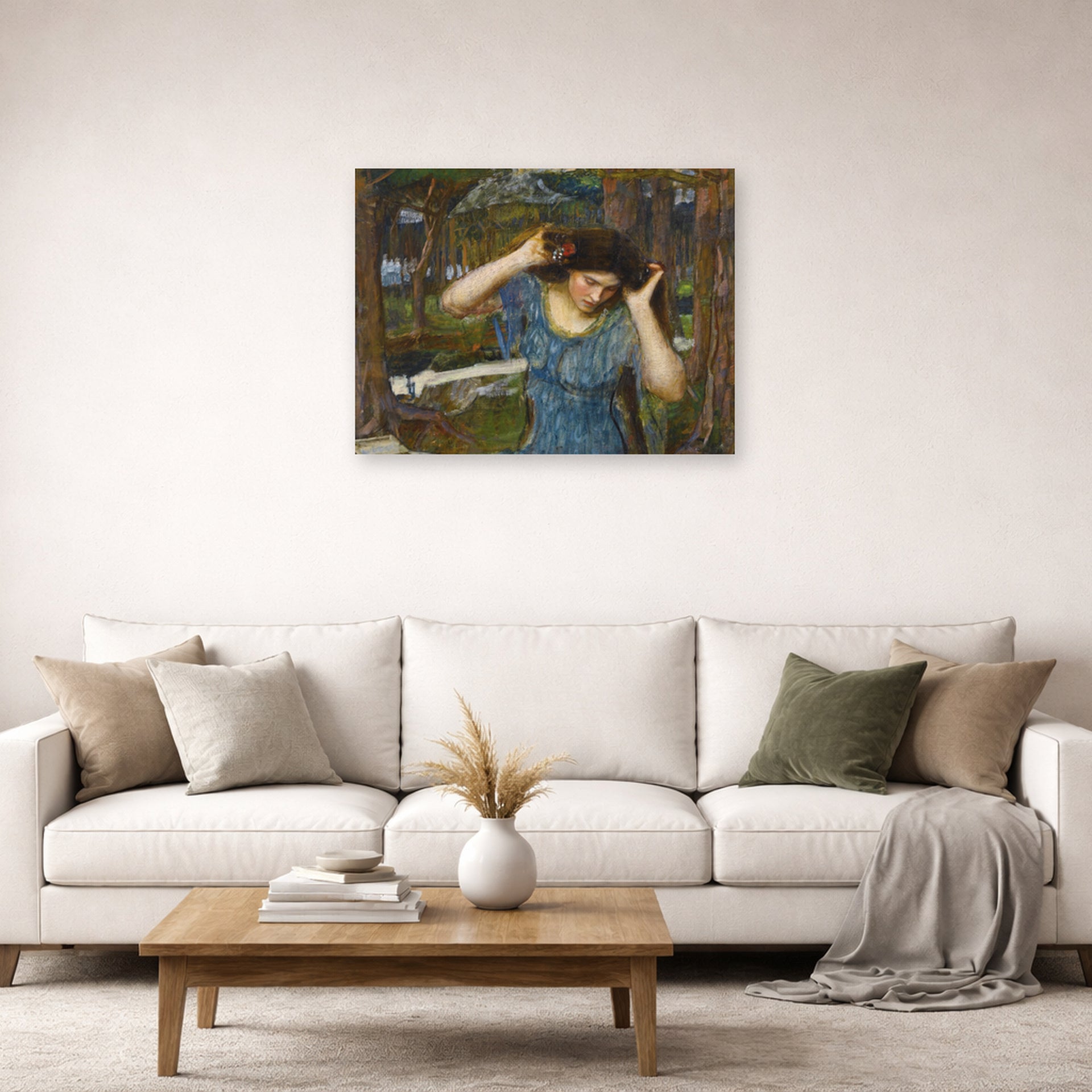 Unframed poster print of John William Waterhouse's Vain Lamorna a Study for Lamia displayed on a wall in a living room