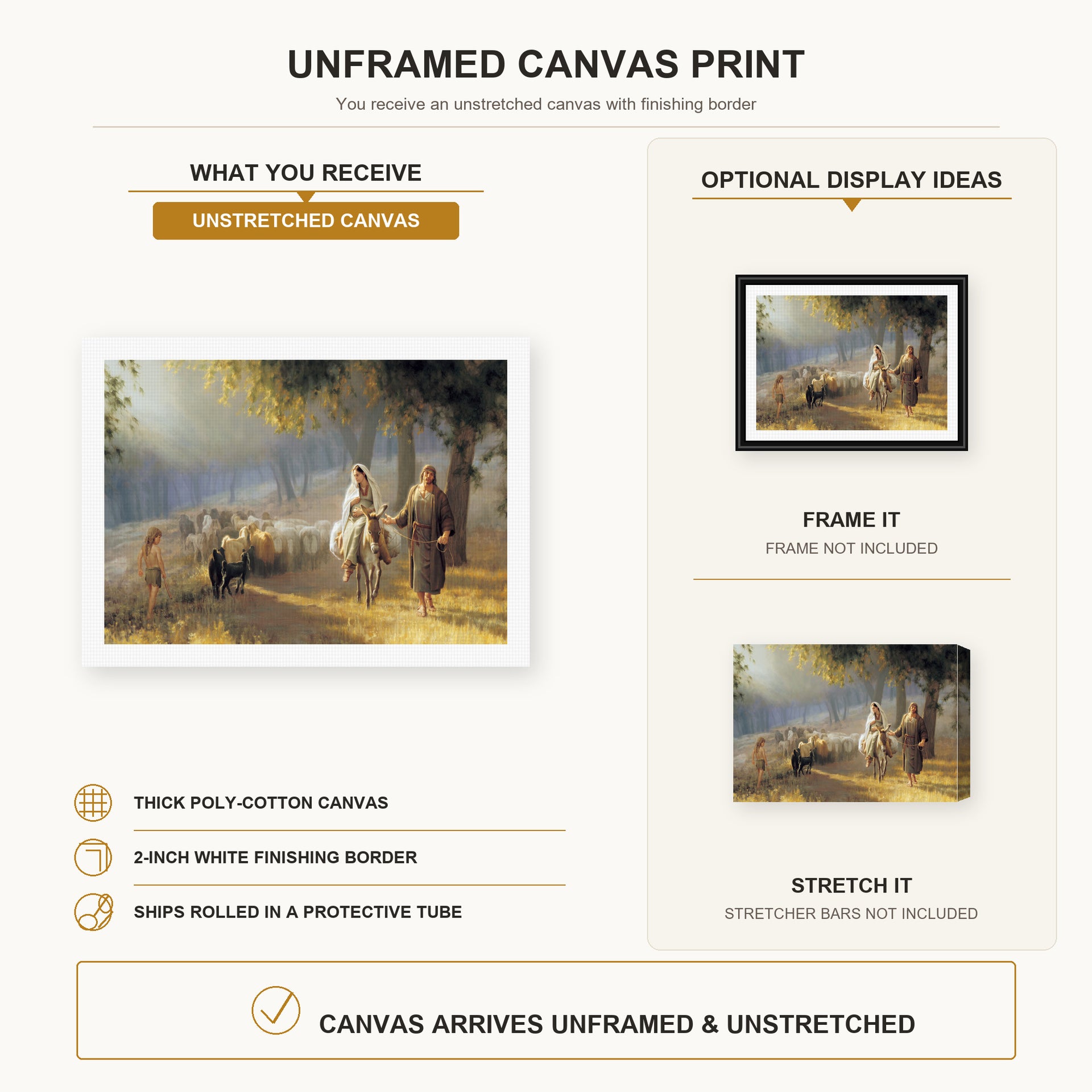 Joseph Brickey - Road to Bethlehem canvas print size comparison and framing display infographic
