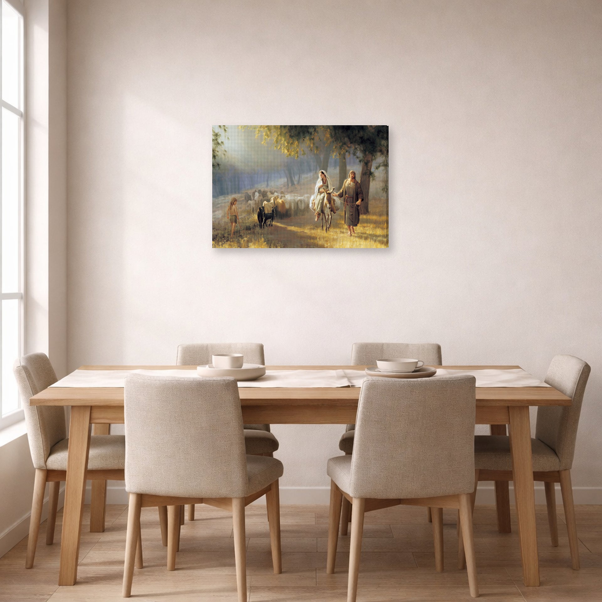 Gallery-wrapped canvas print of Joseph Brickey's 'Road to Bethlehem' displayed on a wall in a dining room
