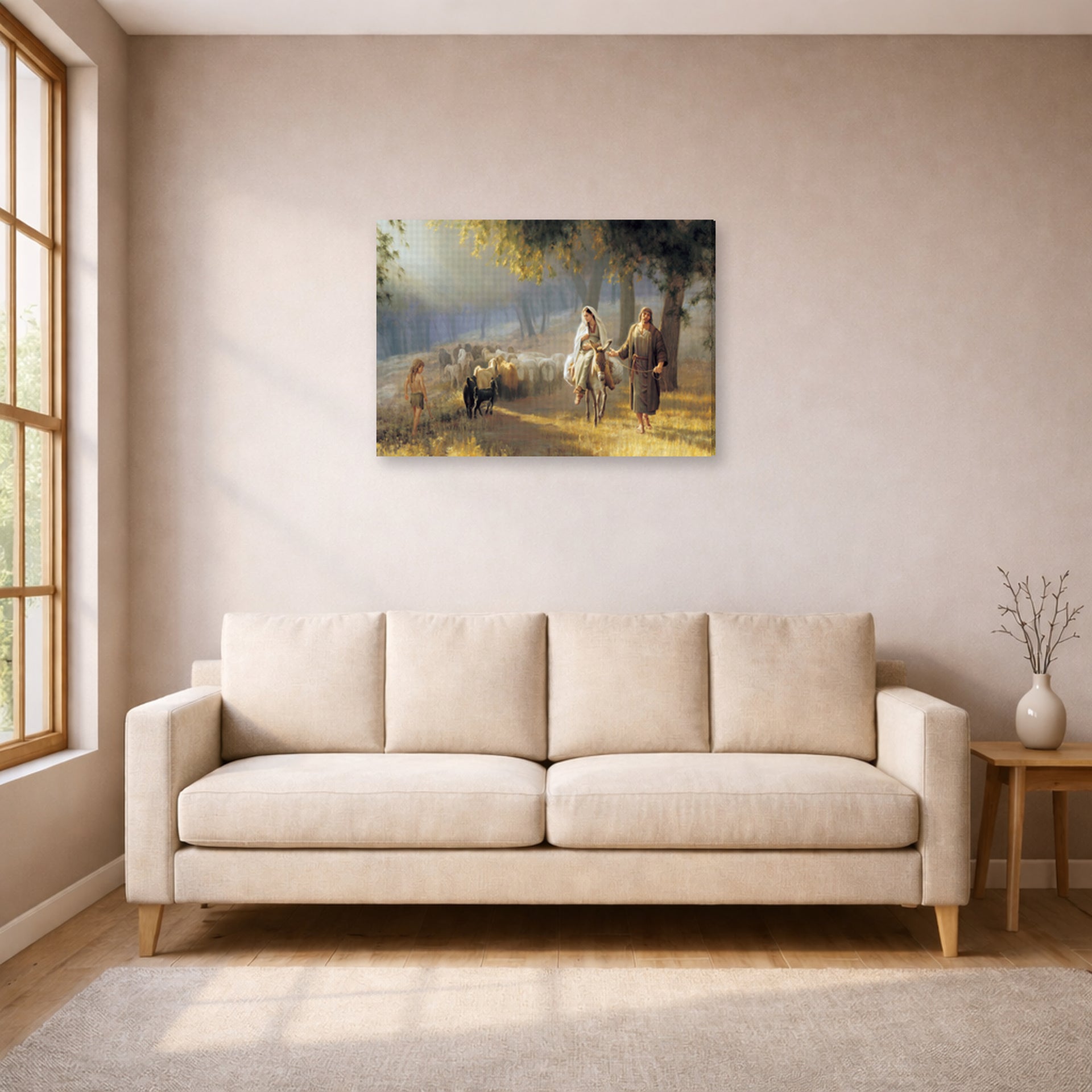 Gallery-wrapped canvas print of Joseph Brickey's 'Road to Bethlehem' displayed on a wall in a living room