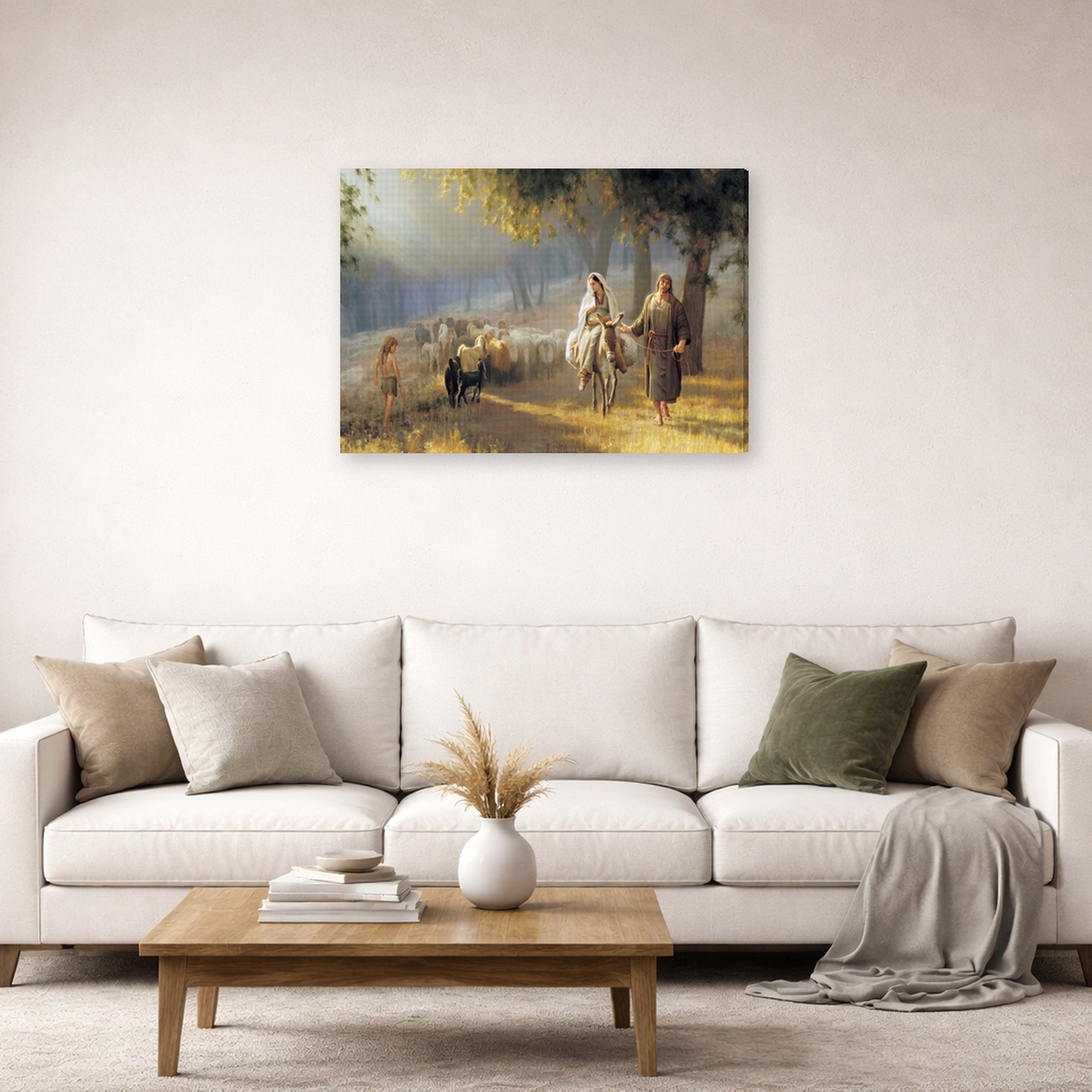 Gallery-wrapped canvas print of Joseph Brickey's 'Road to Bethlehem' displayed on a wall in a living room