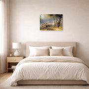 Unframed poster print of Joseph Brickey's 'Road to Bethlehem' displayed on a wall in a bedroom