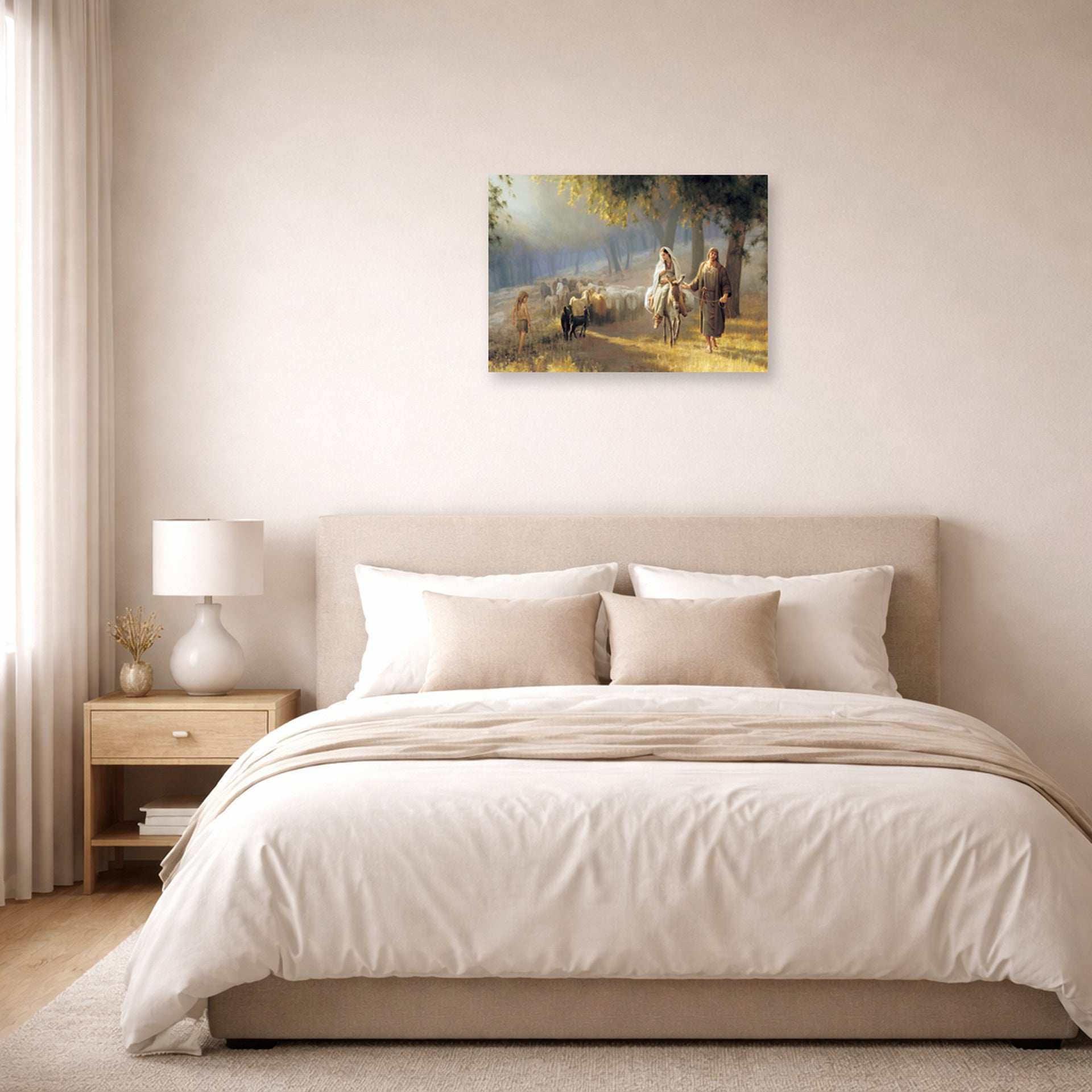 Unframed poster print of Joseph Brickey's 'Road to Bethlehem' displayed on a wall in a bedroom