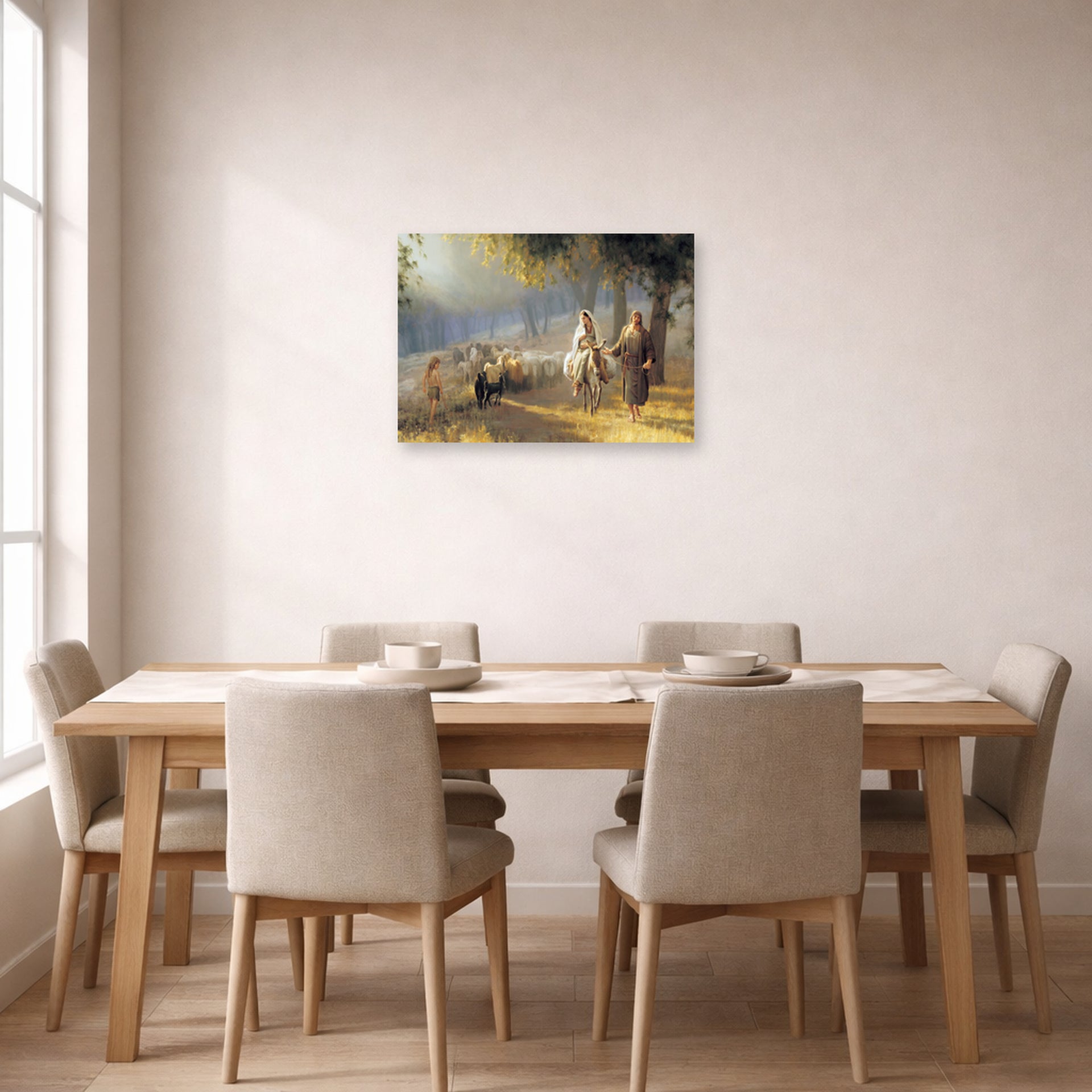 Unframed poster print of Joseph Brickey's 'Road to Bethlehem' displayed on a wall in a dining room