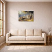 Unframed poster print of Joseph Brickey's 'Road to Bethlehem' displayed on a wall in a living room