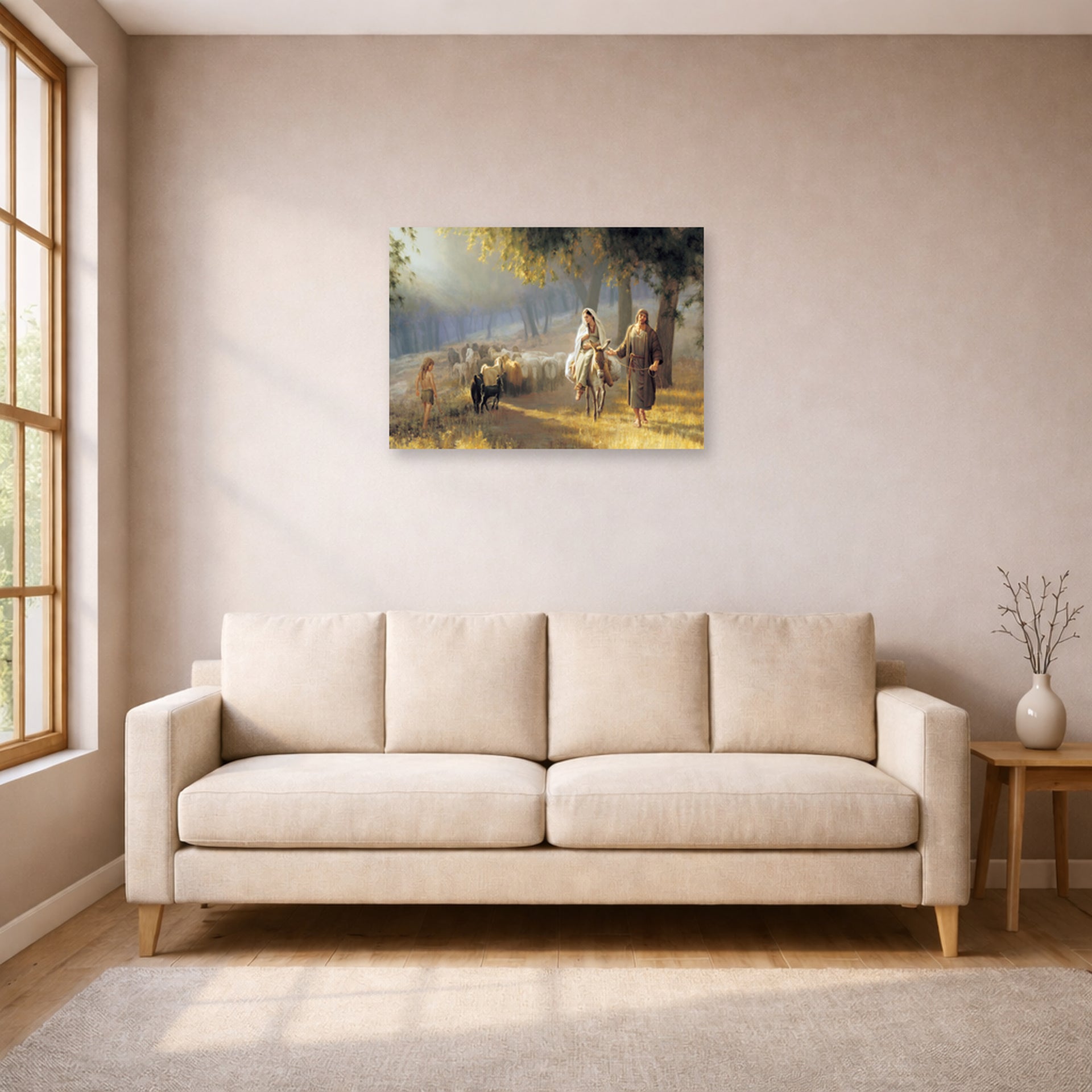 Unframed poster print of Joseph Brickey's 'Road to Bethlehem' displayed on a wall in a living room