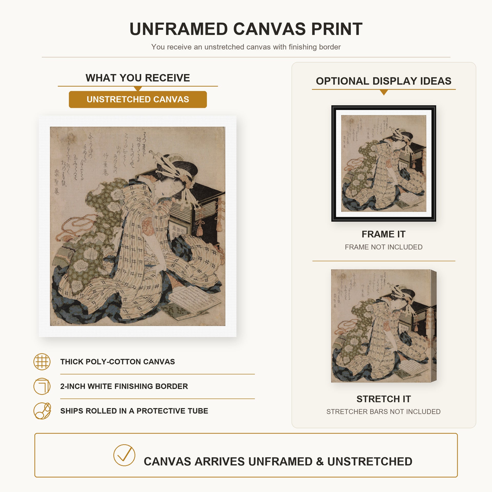 Katsushika Hokusai - Courtesan Asleep canvas print size comparison and framing display infographic