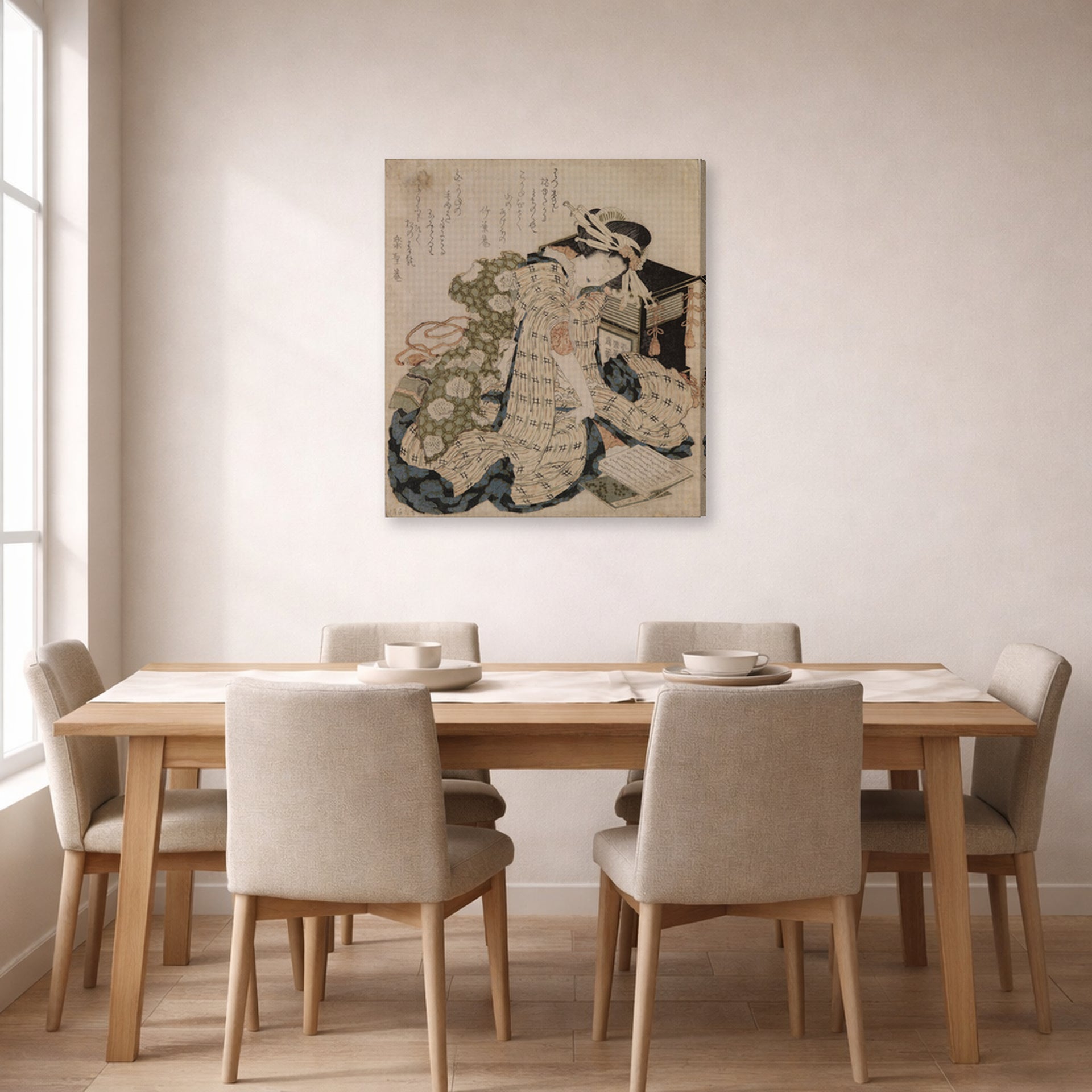 Gallery-wrapped canvas print of Katsushika Hokusai's Courtesan Asleep displayed on a wall in a dining room
