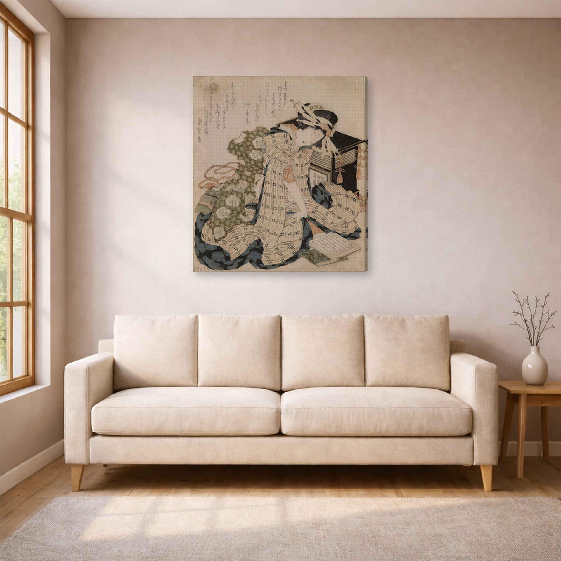 Gallery-wrapped canvas print of Katsushika Hokusai's Courtesan Asleep displayed on a wall in a living room