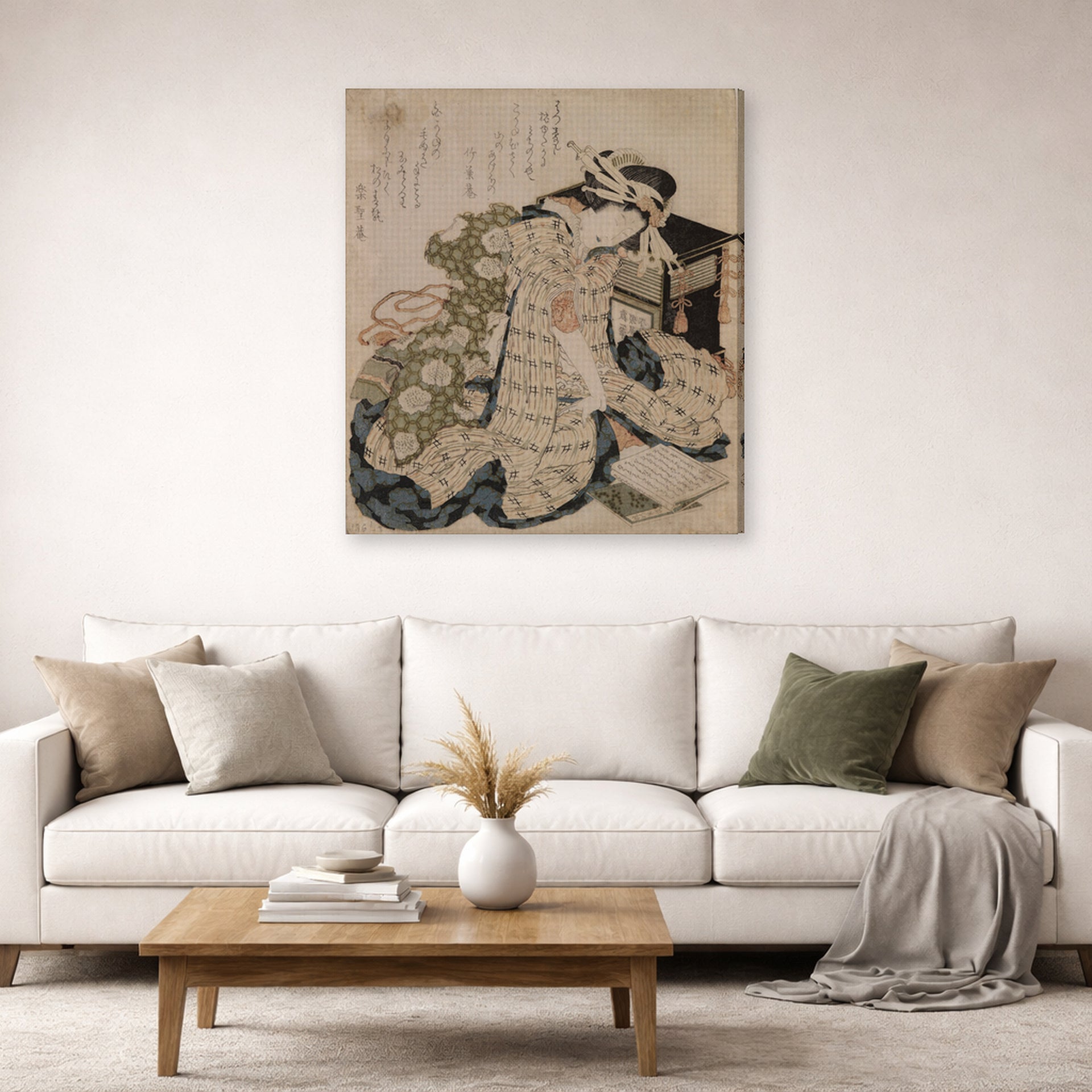 Gallery-wrapped canvas print of Katsushika Hokusai's Courtesan Asleep displayed on a wall in a living room