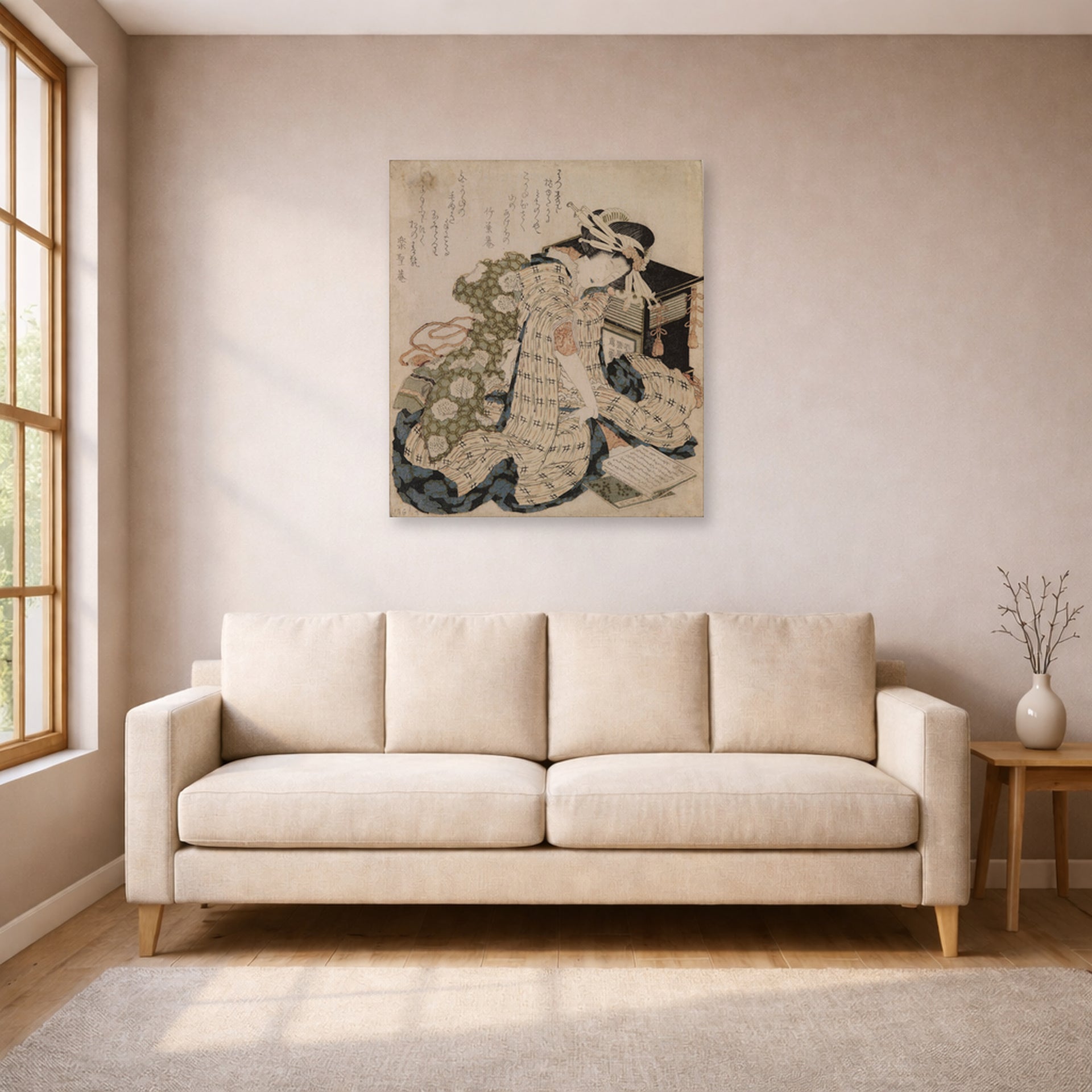 Unframed poster print of Katsushika Hokusai's Courtesan Asleep displayed on a wall in a living room
