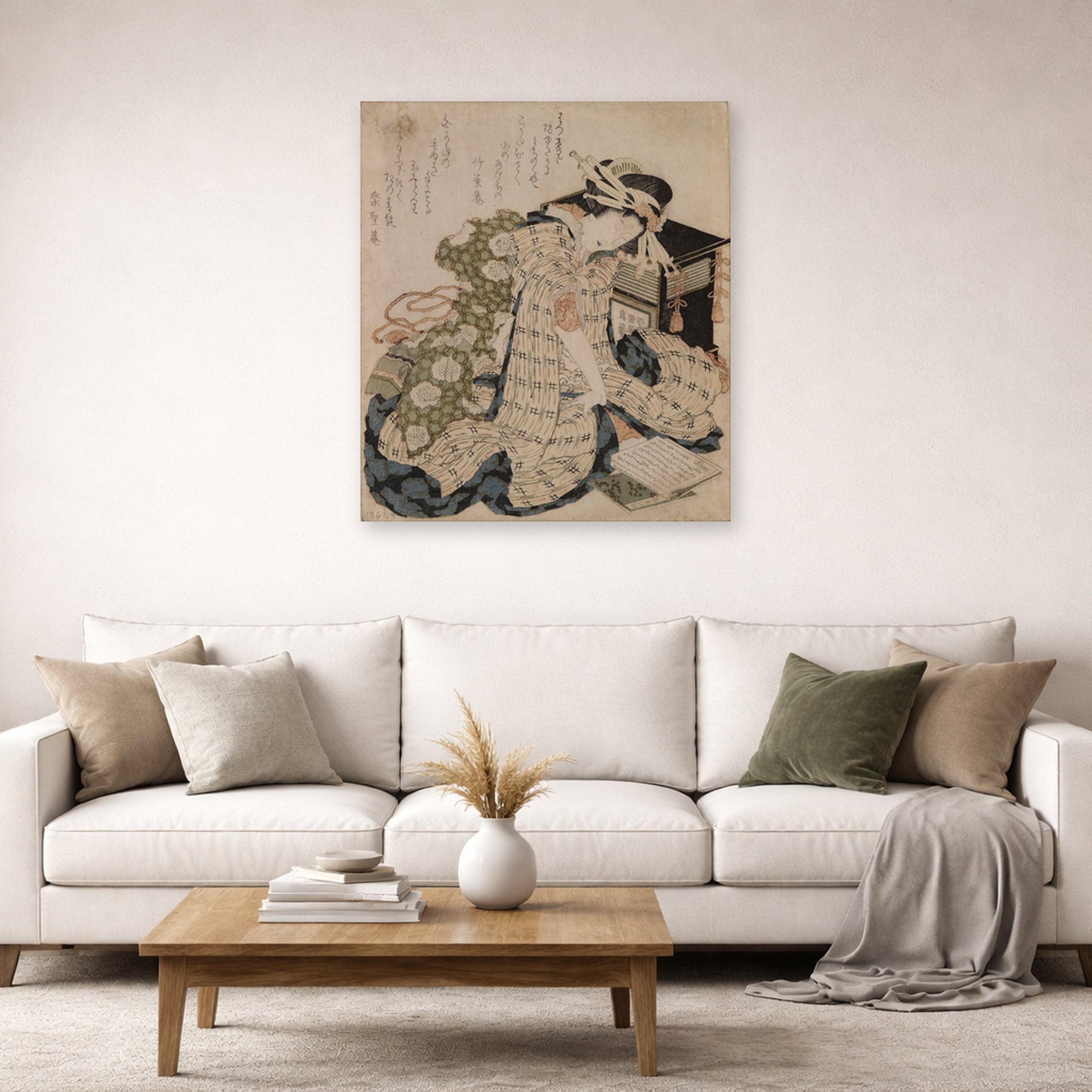 Unframed poster print of Katsushika Hokusai's Courtesan Asleep displayed on a wall in a living room