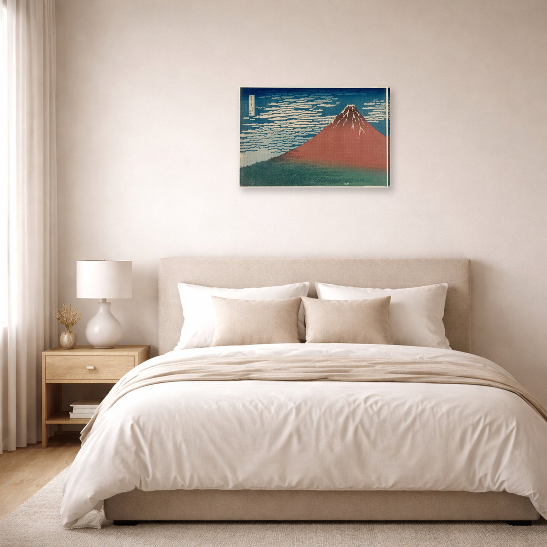 Gallery-wrapped canvas print of Katsushika Hokusai's Fine Wind, Clear Weather displayed on a wall in a bedroom