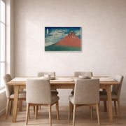 Gallery-wrapped canvas print of Katsushika Hokusai's Fine Wind, Clear Weather displayed on a wall in a dining room