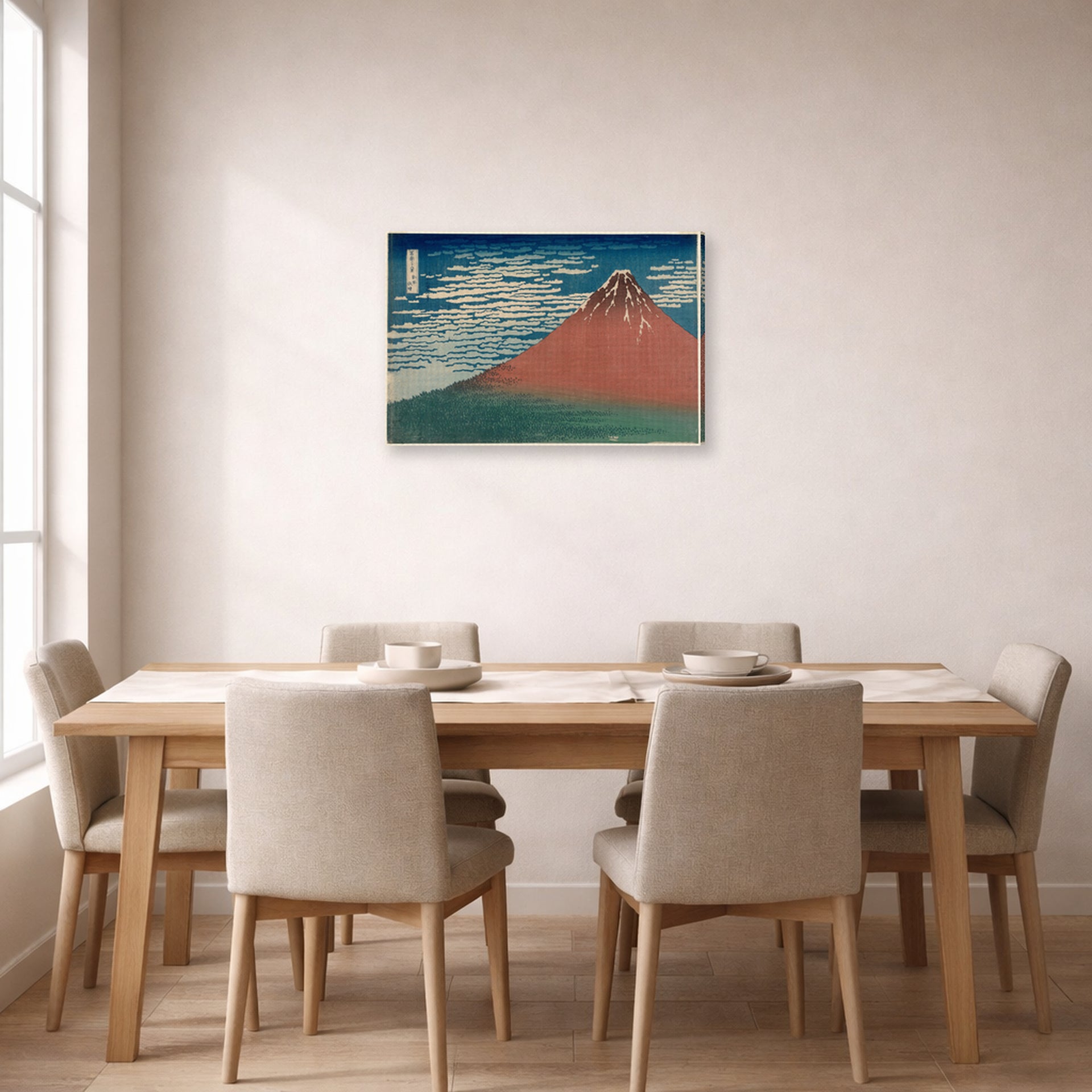 Gallery-wrapped canvas print of Katsushika Hokusai's Fine Wind, Clear Weather displayed on a wall in a dining room